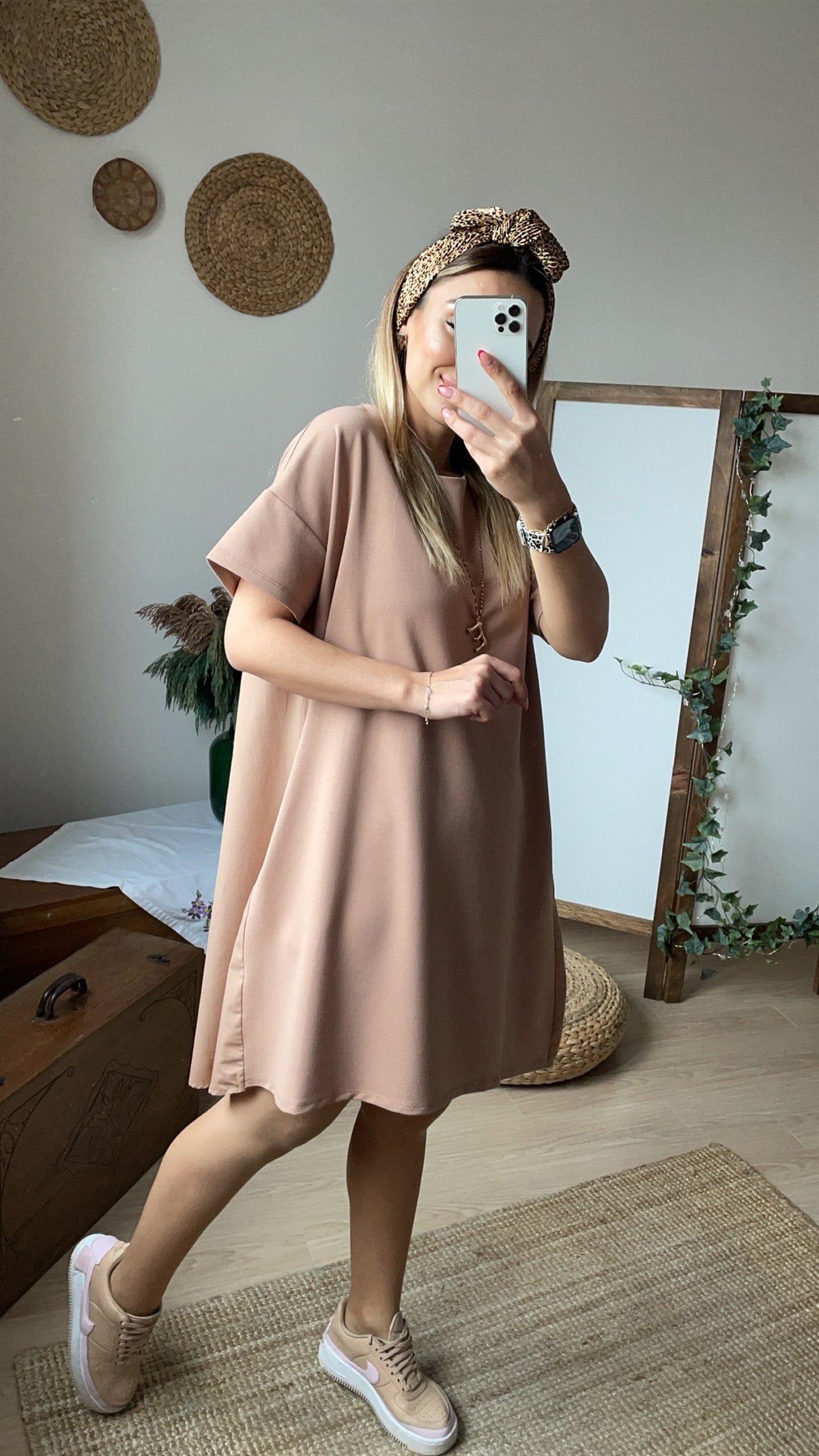 Kahve Poplin Detaylı Cepli Basic Elbise