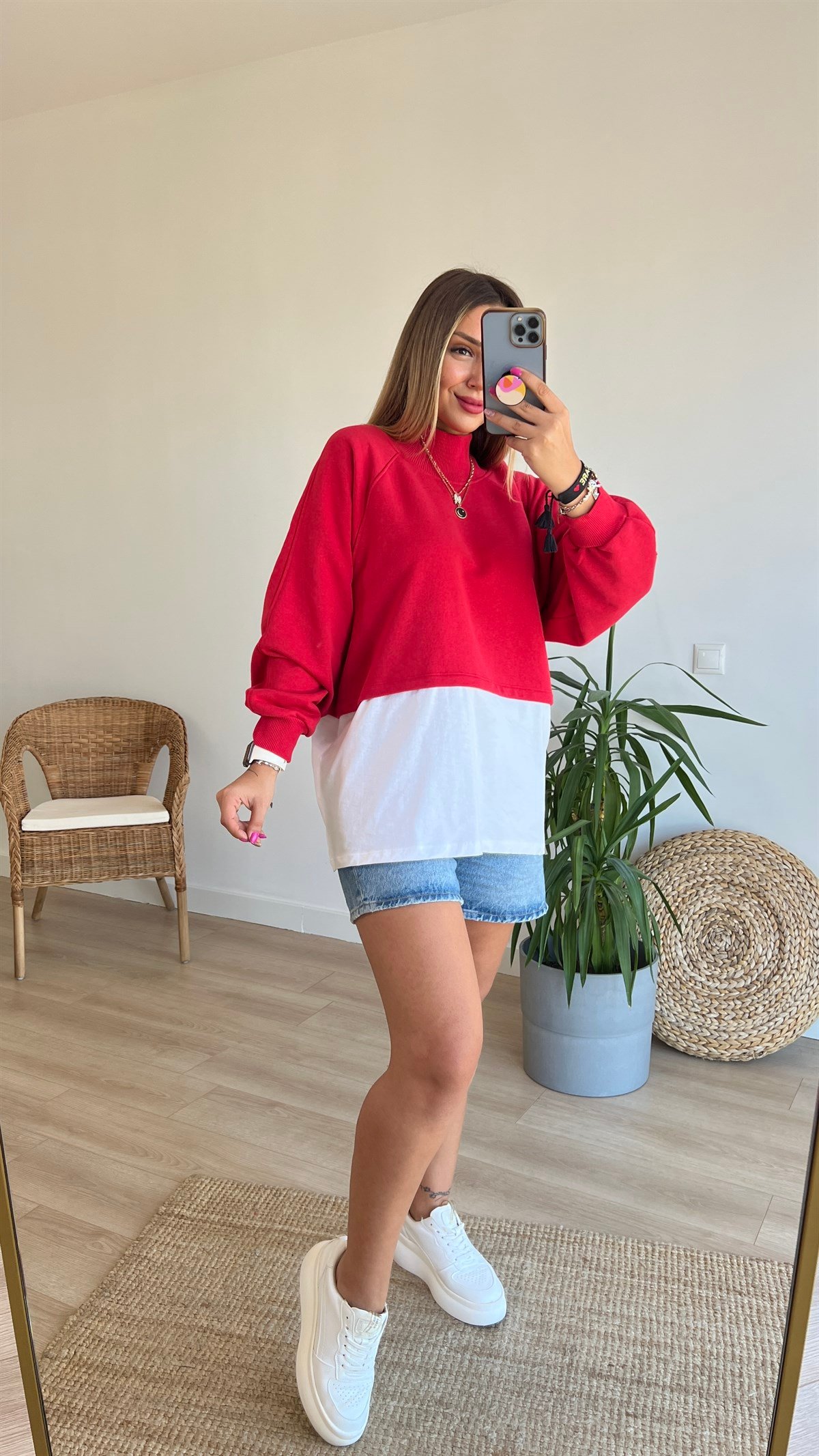 Balıkçı Yaka Tshirt Detaylı Kırmızı Sweat