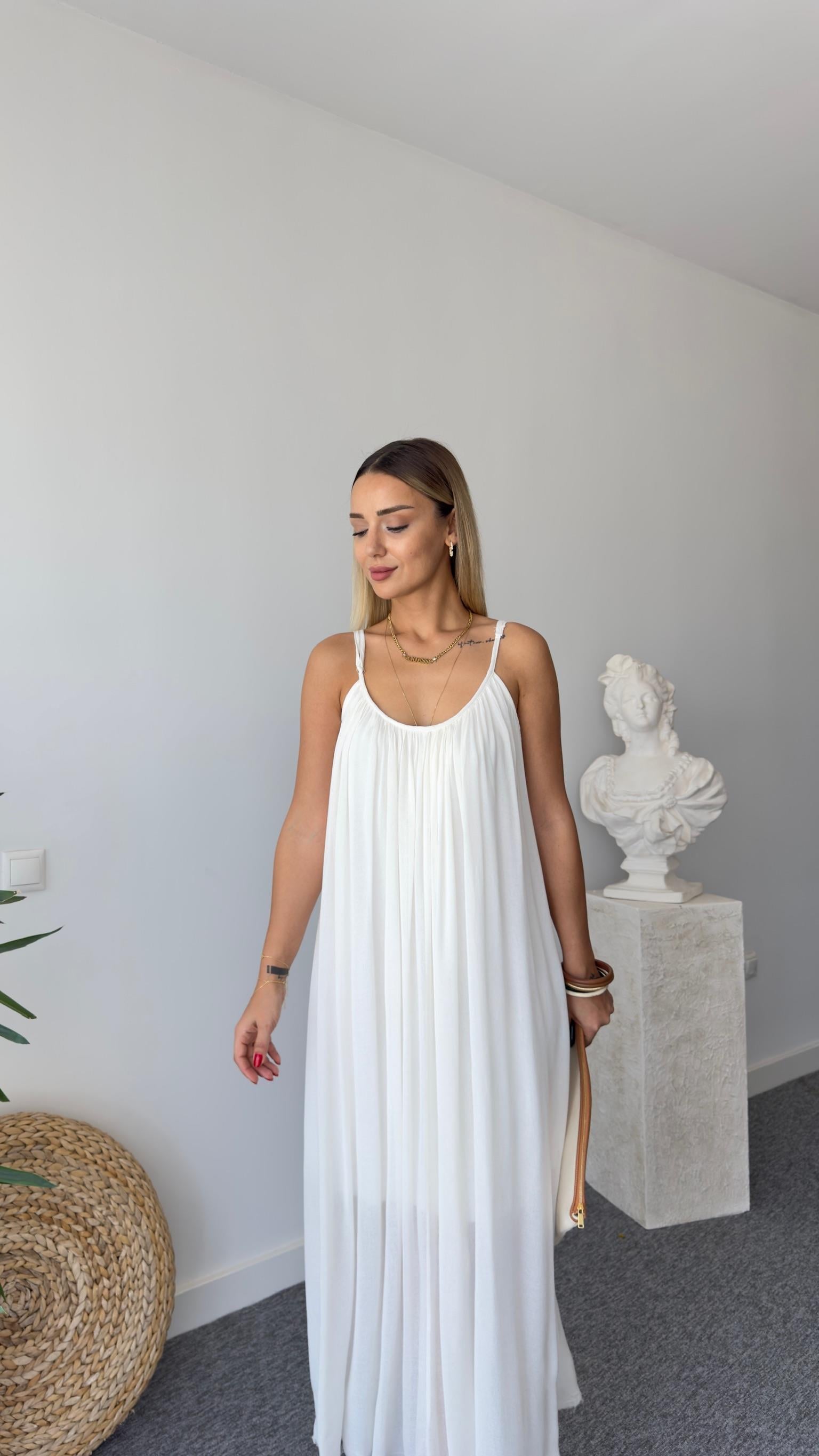Pamuklu Astarlı Beyaz  Maxi Elbise Beyaz