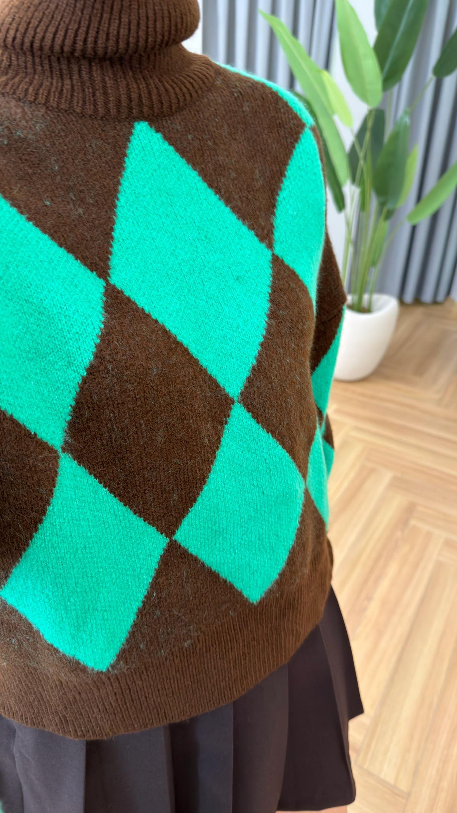 Boğazlı Yeşil Kahve Baklava Desenli Kazak