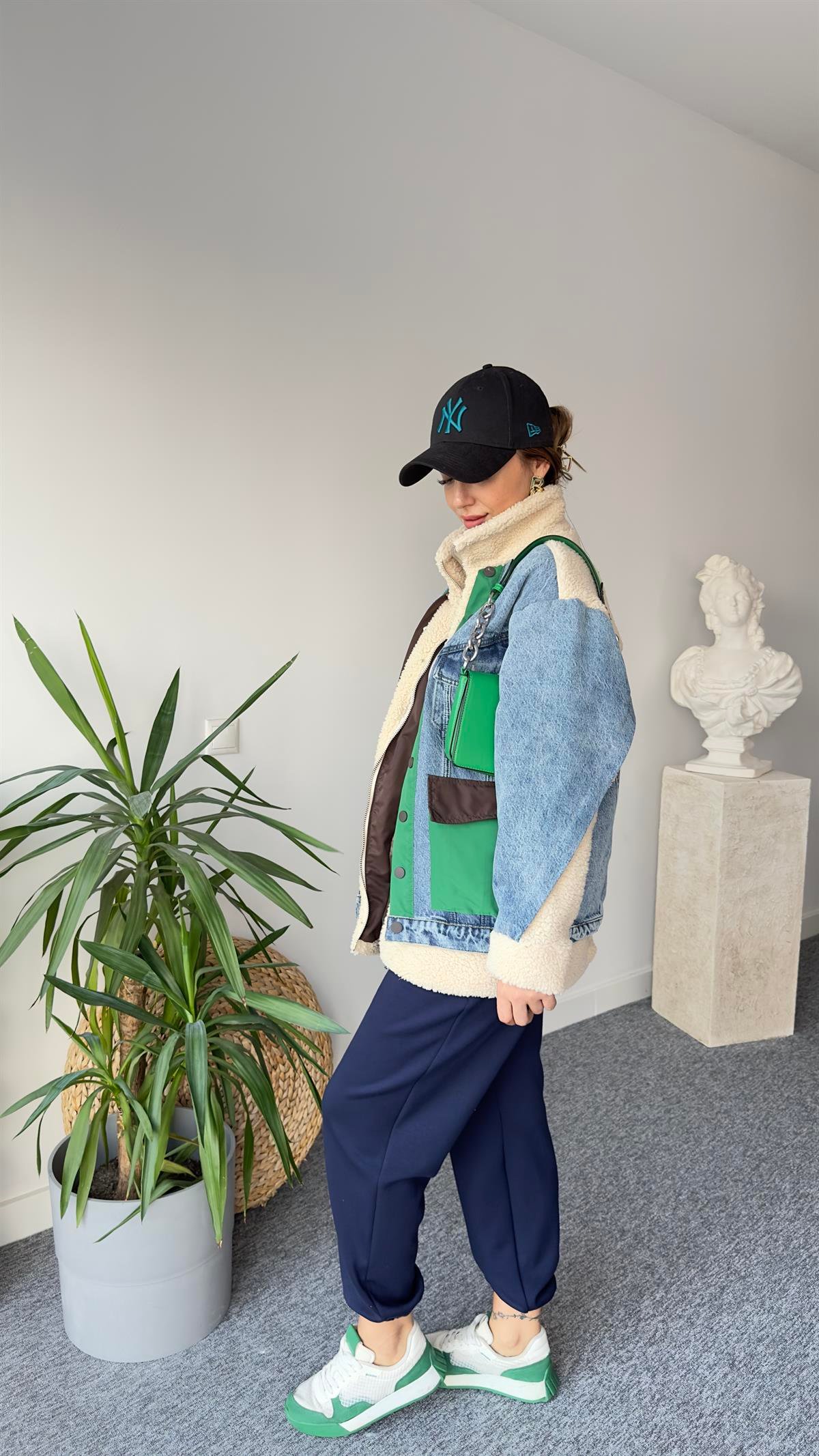 Denim Mix Yeşil Detay Peluş Mont