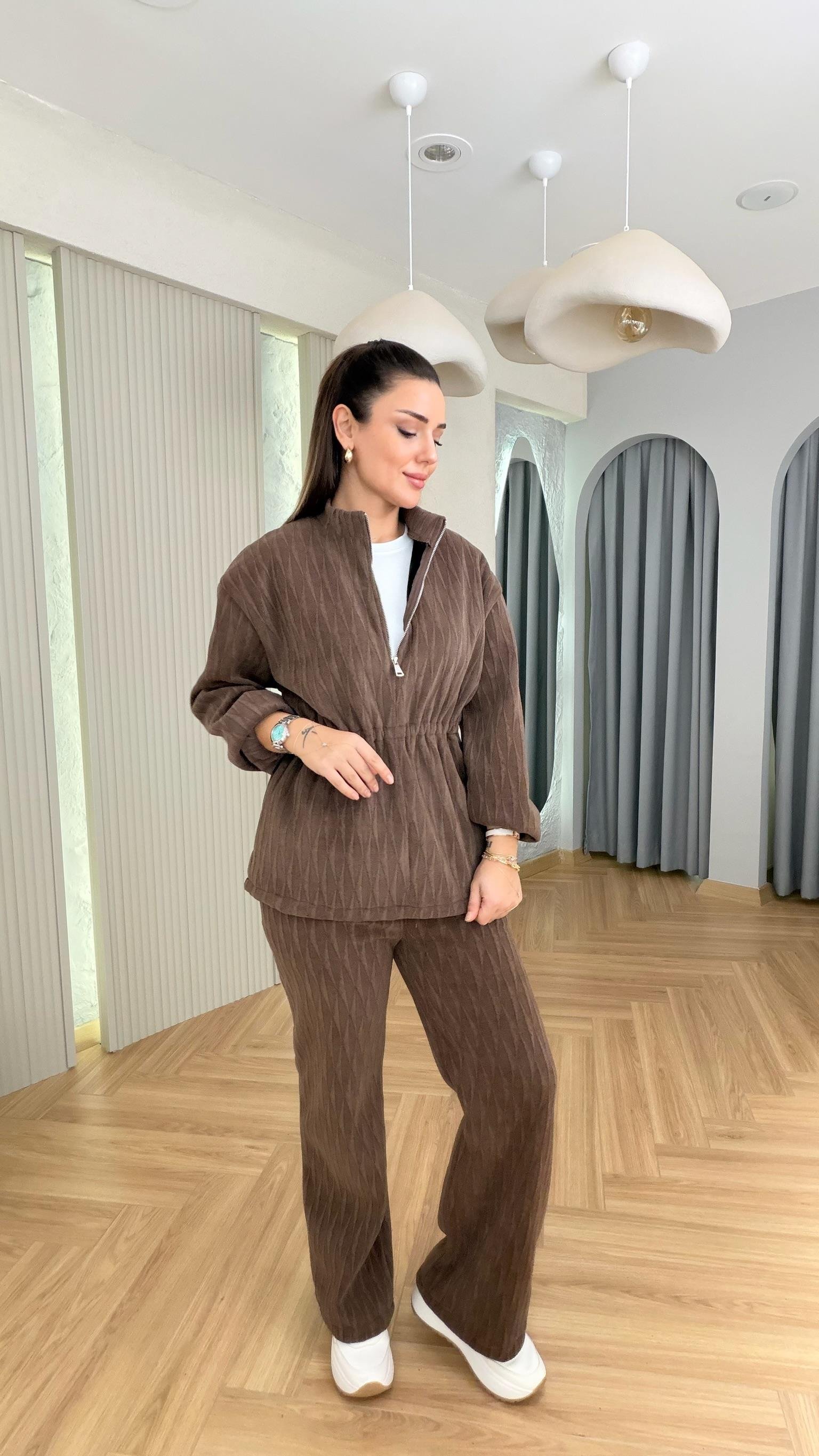 Kahve Nisi İçi Polarlı Sweat Takım