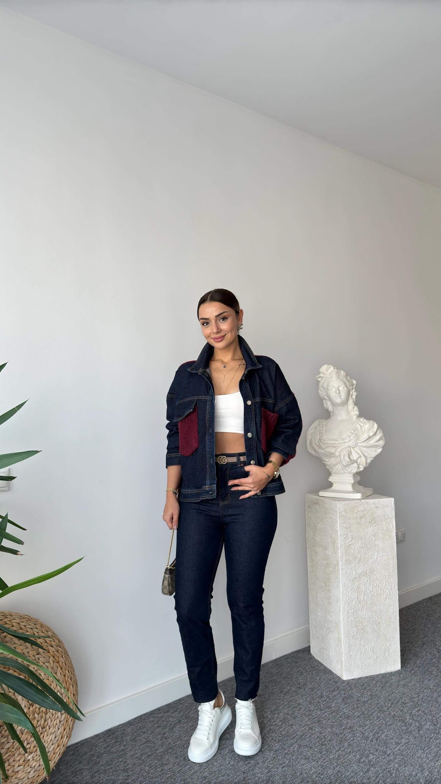 Sofya Sırt Ve Cepler Bordo Triko Detaylı Jean Ceket
