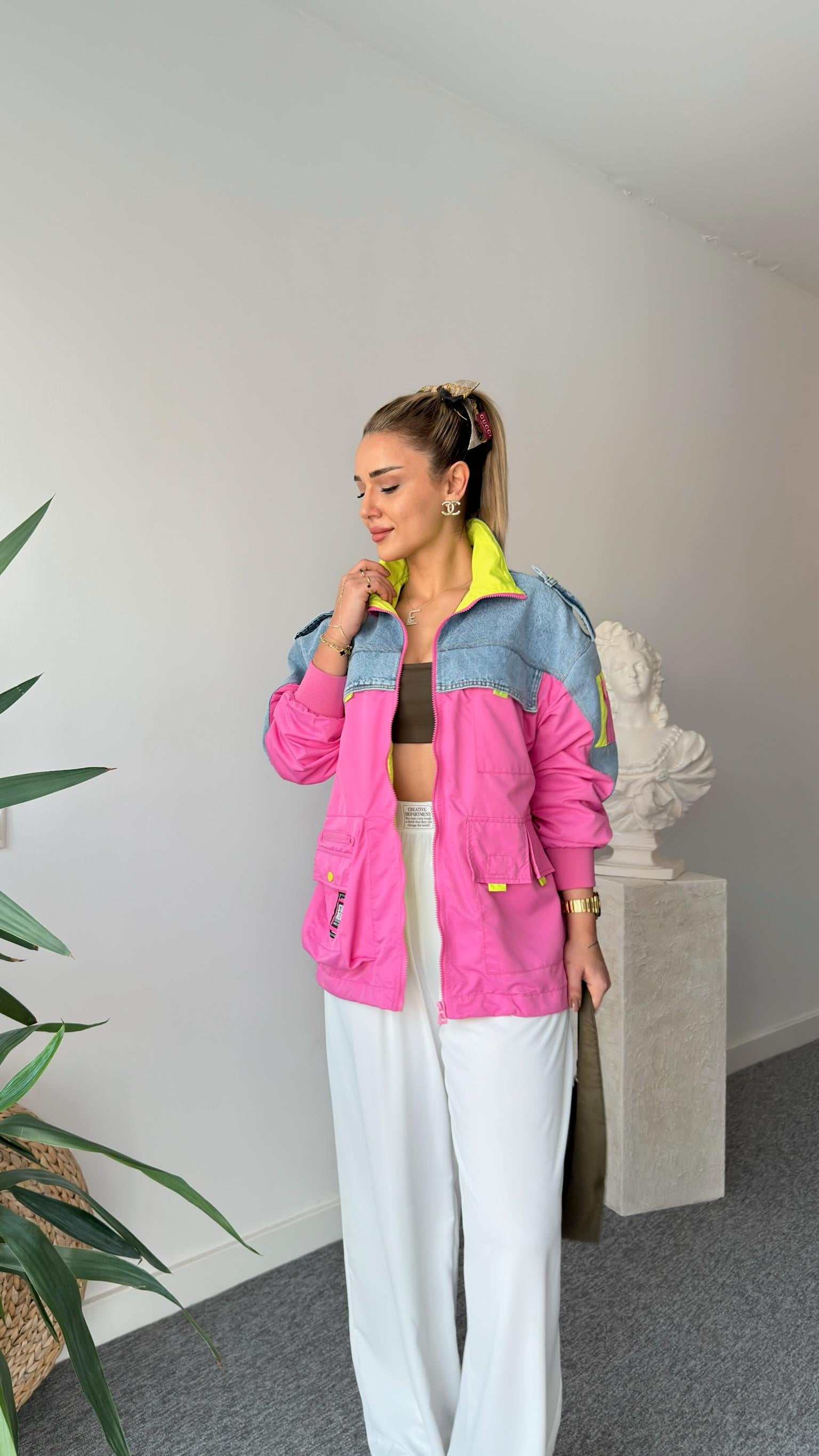 Efil Jean Detaylı Pembe Paraşüt Ceket