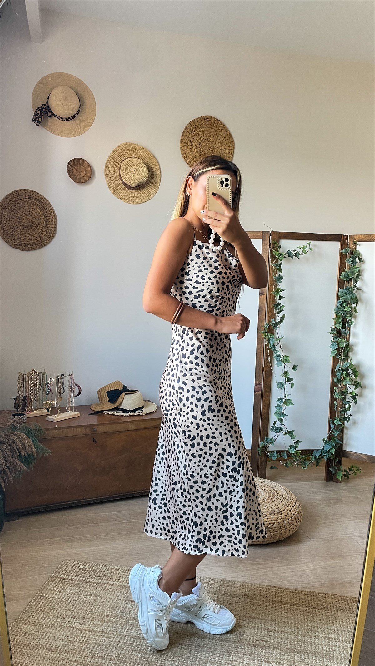 Leopar Desen Saten Elbise