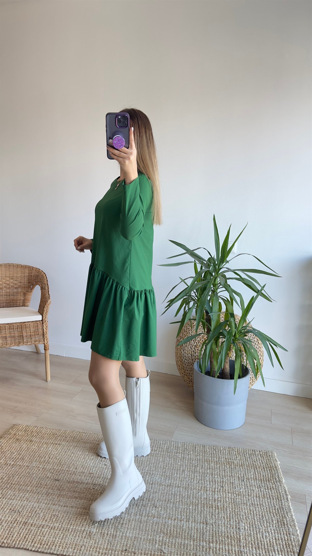 Orijinal Marka Uzun Kol Yeşil Basic Elbise 