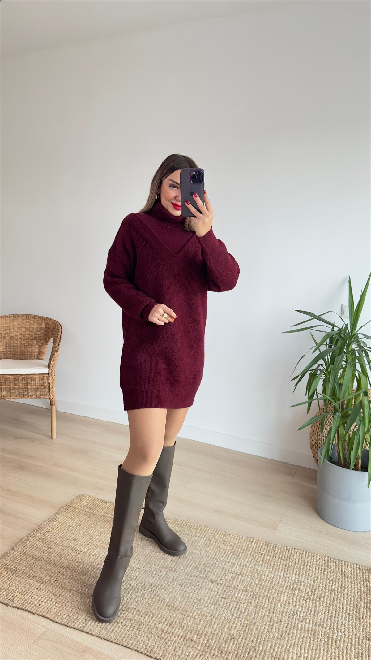 Bordo Boğazlı Tunik Elbise 