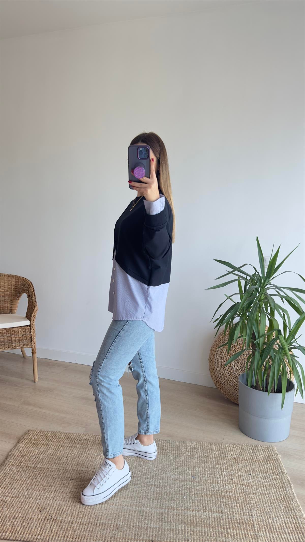 Çapraz Poplin Detay Lacivert Sweat