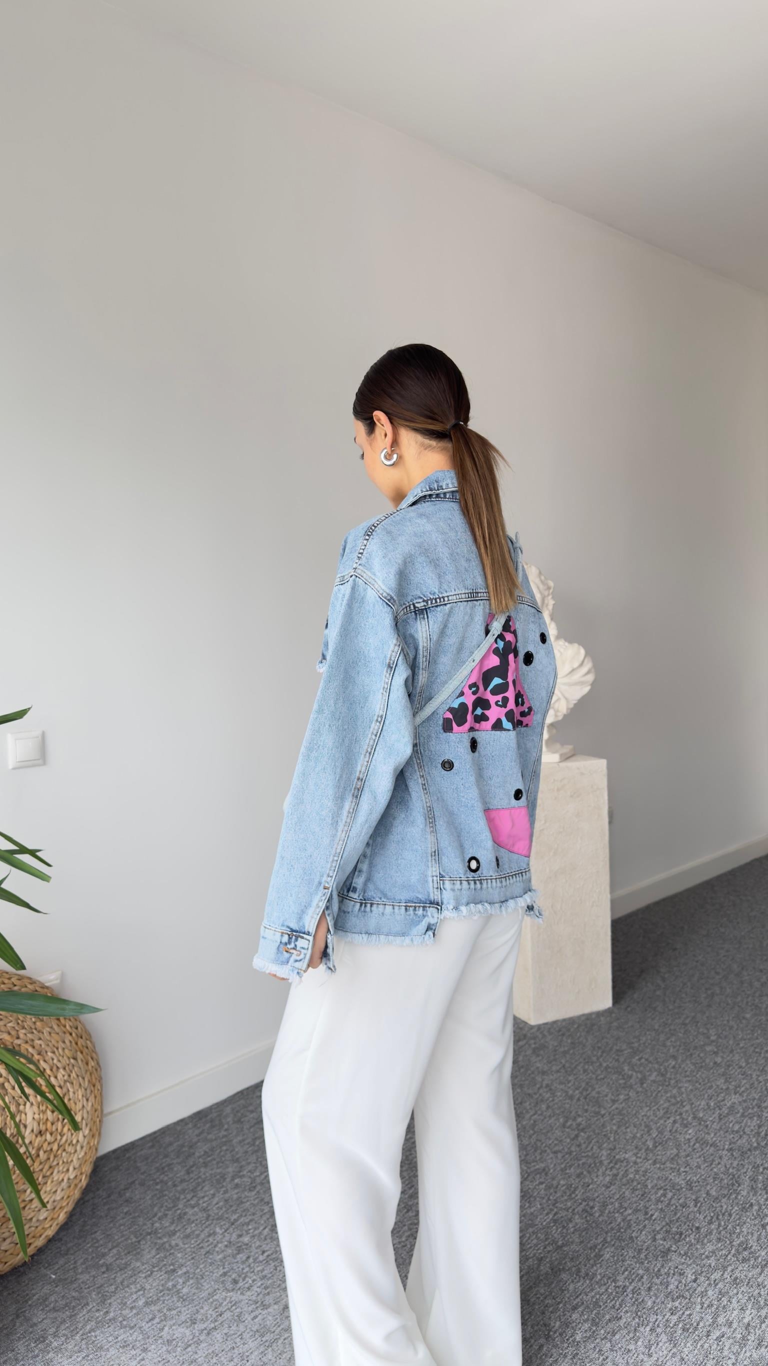 Lera Pembe Leopar Detaylı Tasarım Jean Ceket