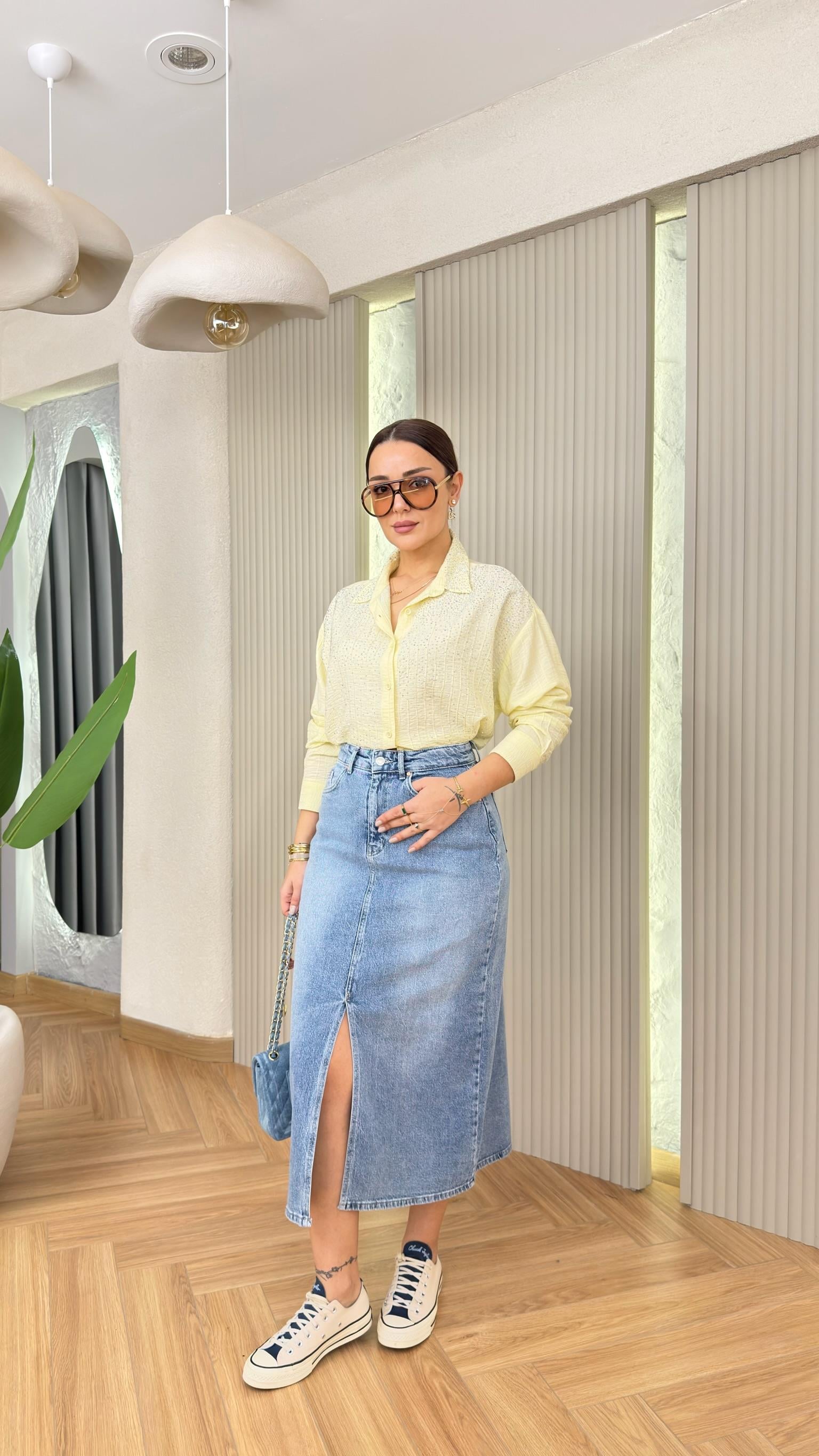 Mavi Quince Önden Yırtmaçlı Kot Etek