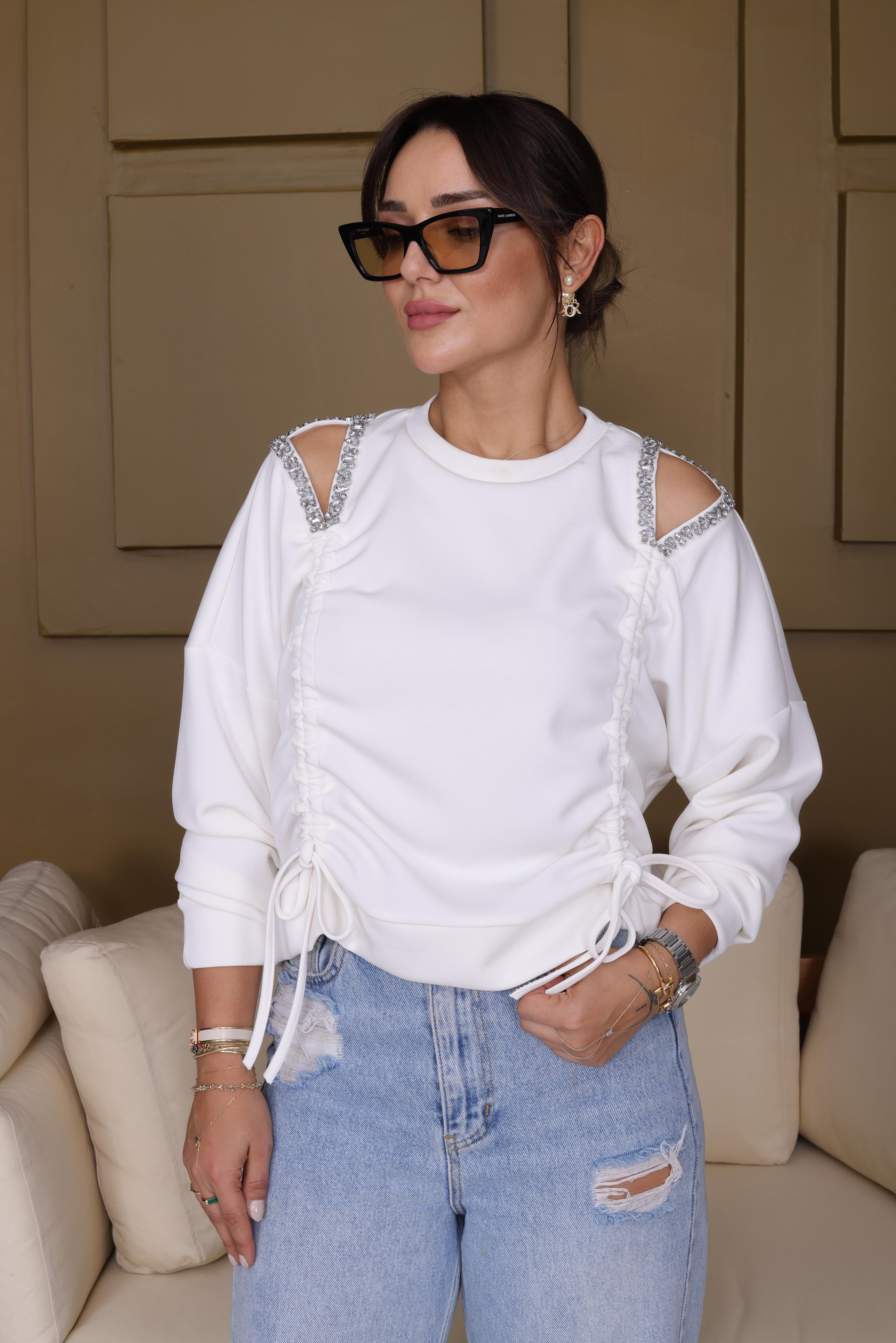 Beyaz Loden Pencere Detay Taş İşlemeli Modal Sweat