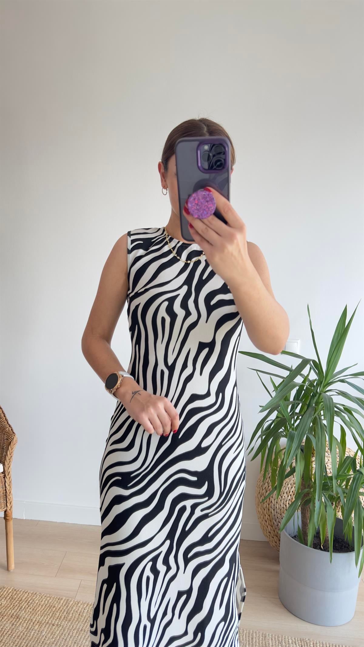 Flori Zebra Desen Yırtmaçlı Elbise