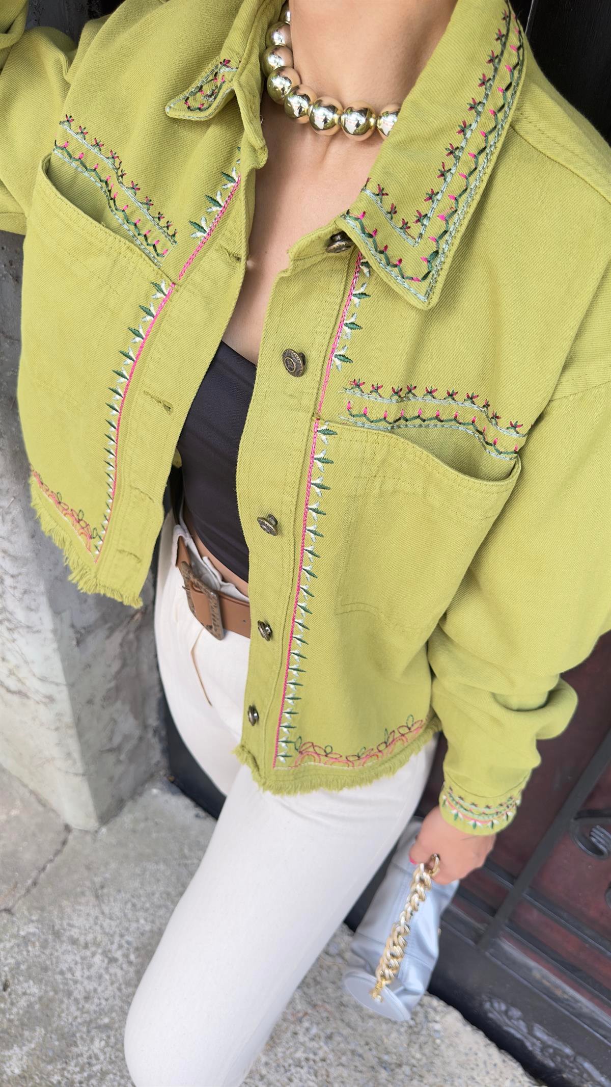 Karli Zra Model Nakışlı Yeşil Ceket