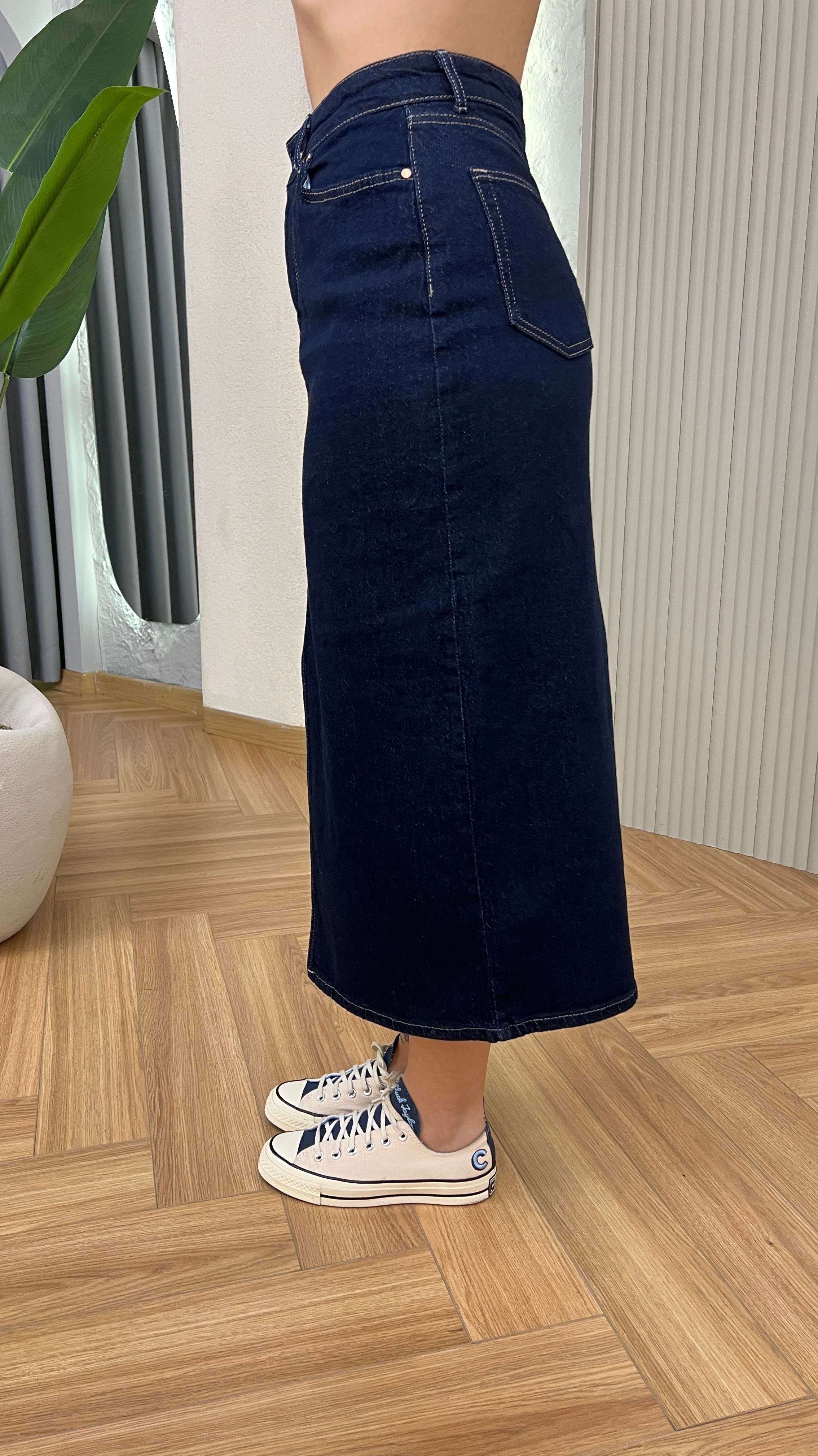 Lacivert Quince Önden Yırtmaçlı Kot Etek