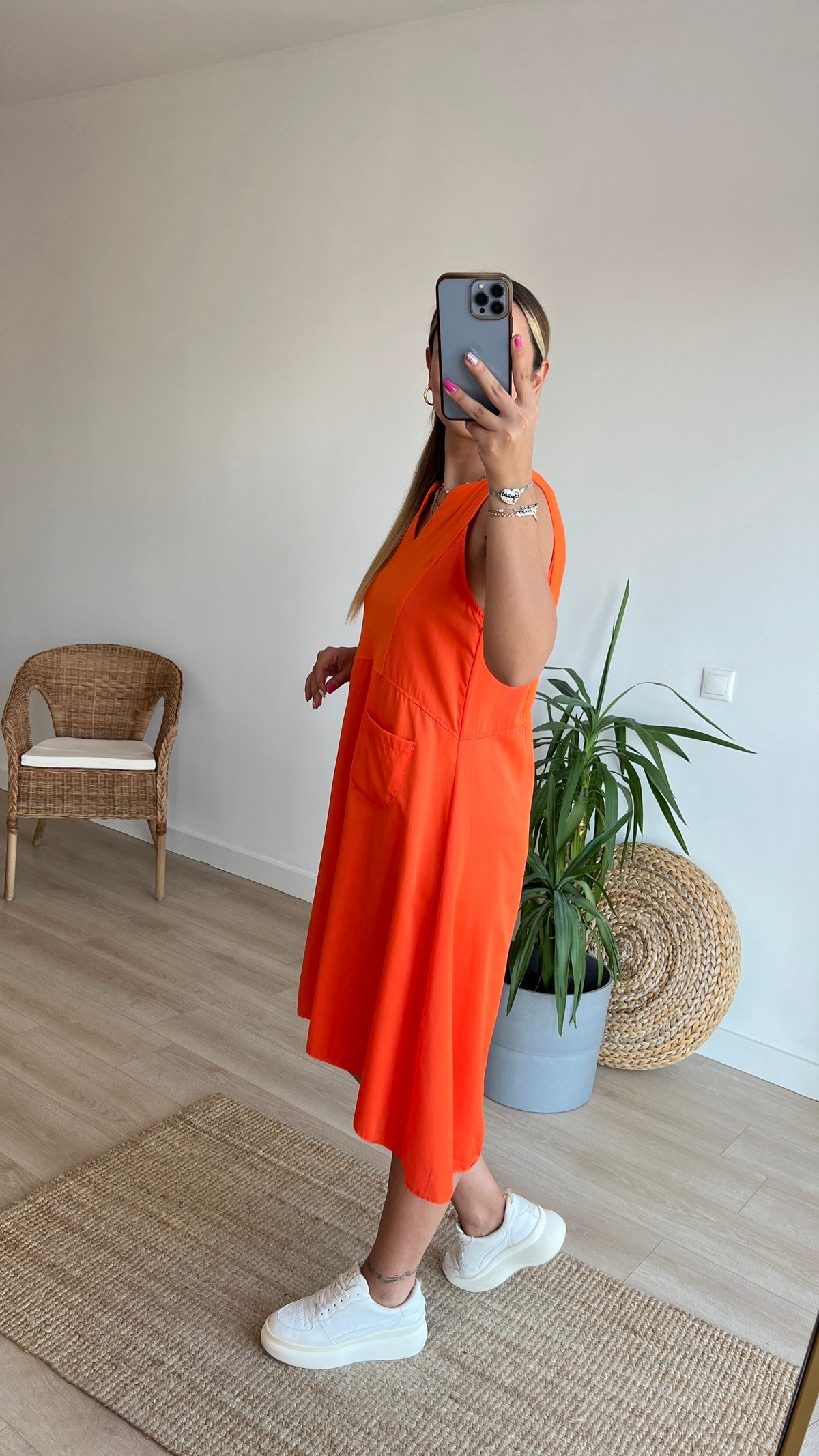 Poplin Detaylı Cepli Turuncu Elbise 
