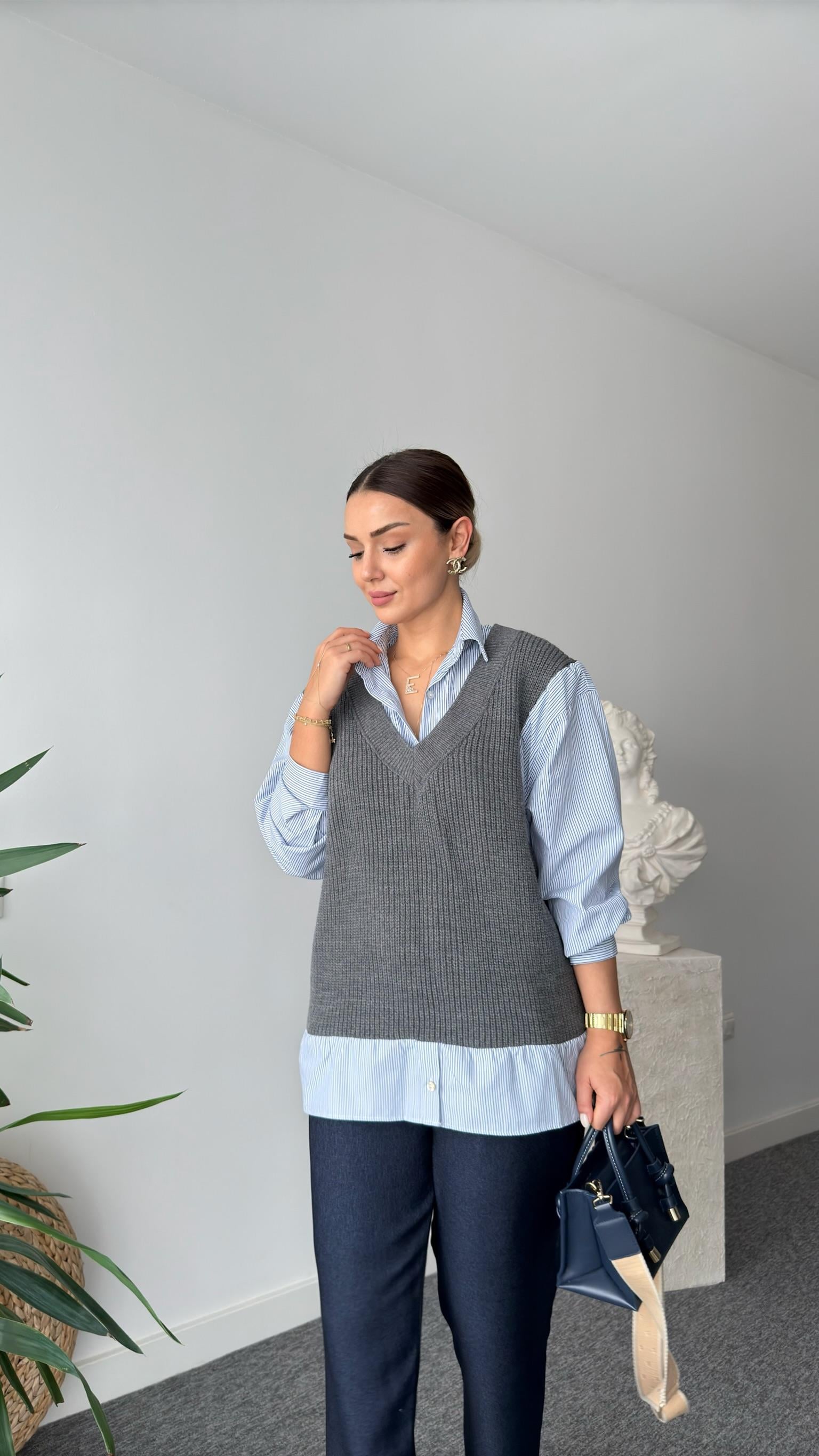 Zra Model Süveter Detaylı Çizgili Gömlek
