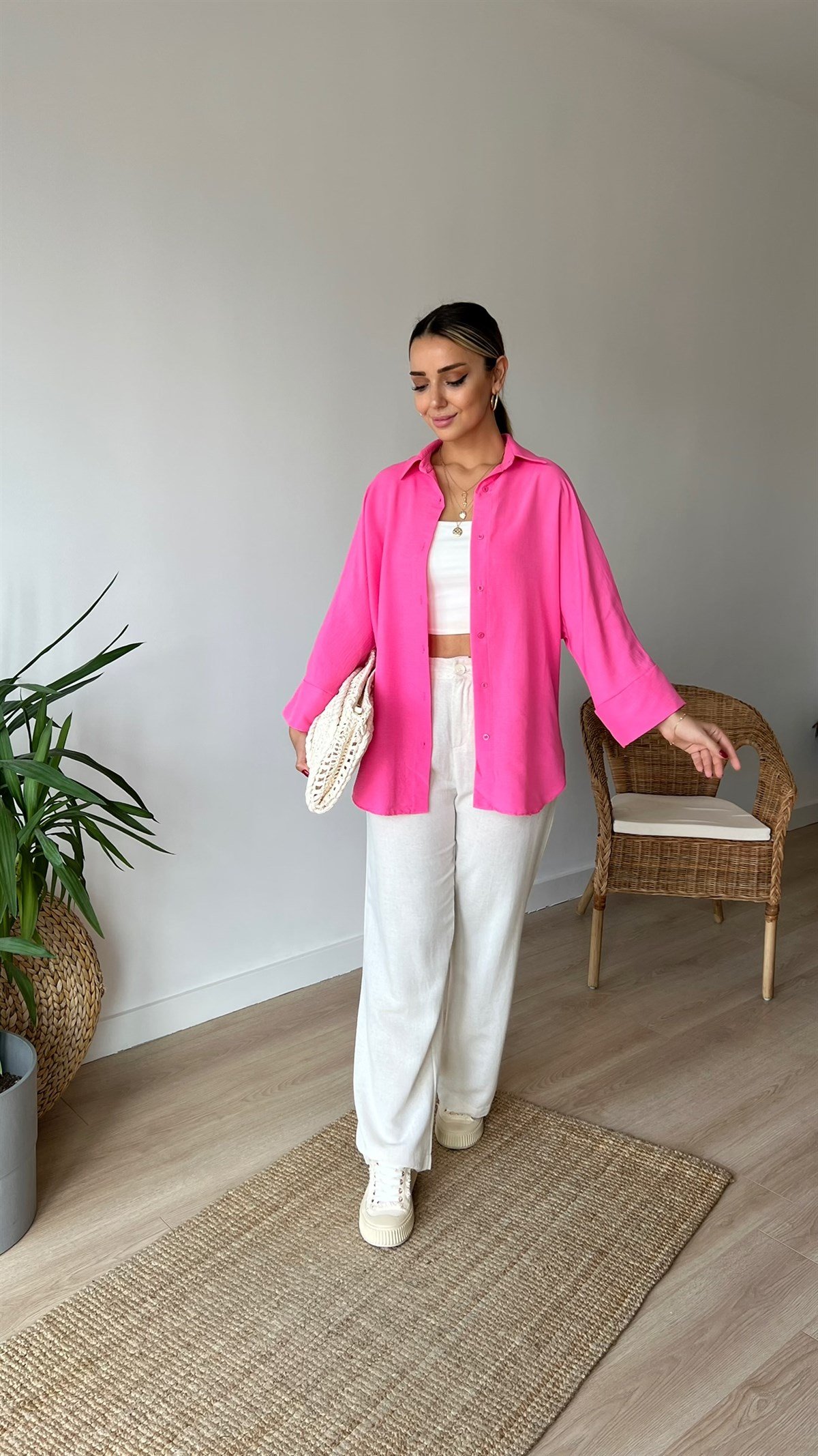 Oversize Pembe Pamuklu Gömlek