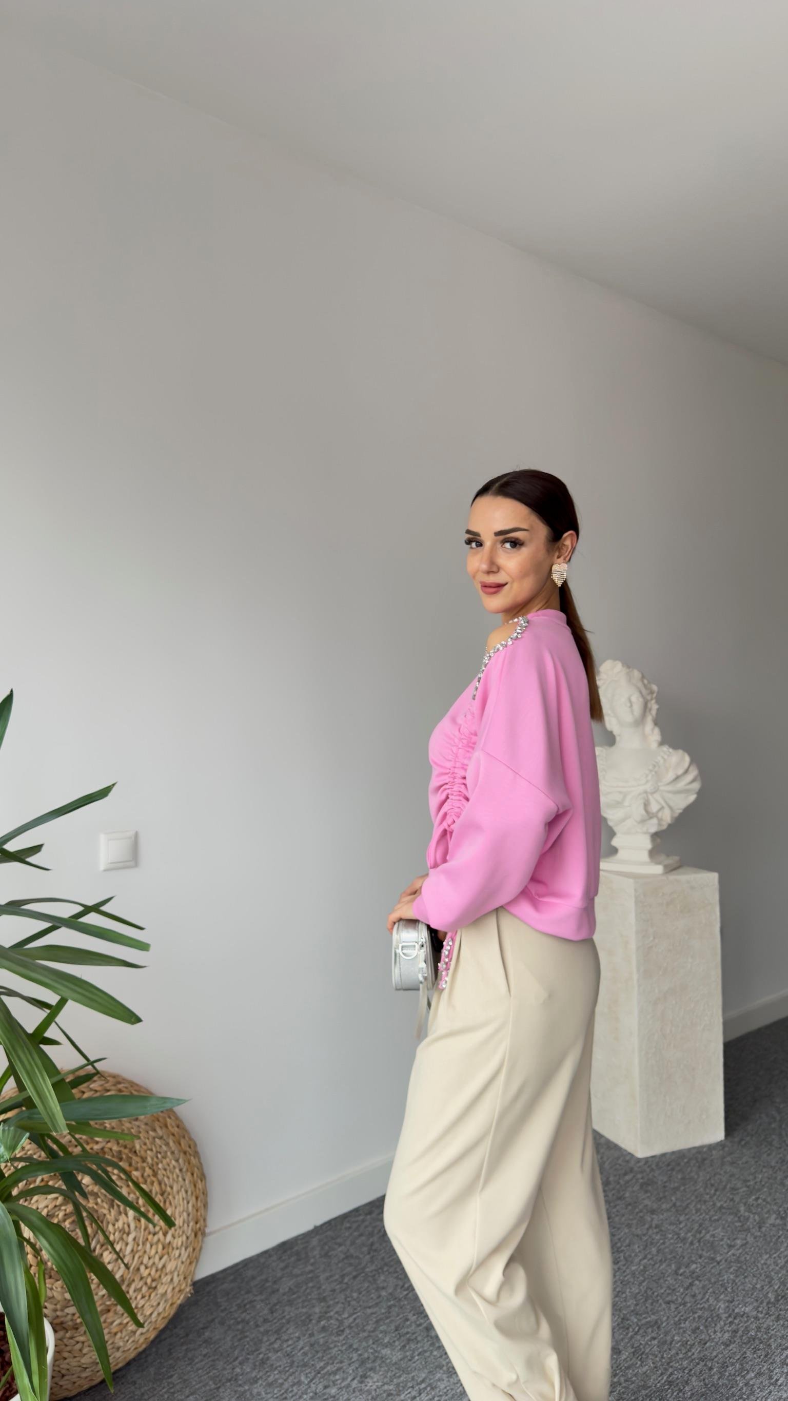 Premıum Büzgülü Taş Detay Pembe Modal Sweat