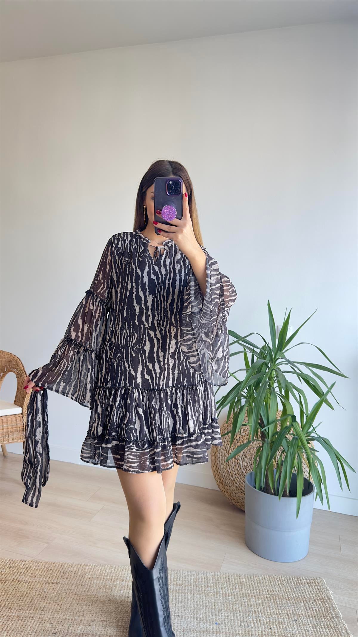 Zebra Desen Astarlı Şifon Elbise