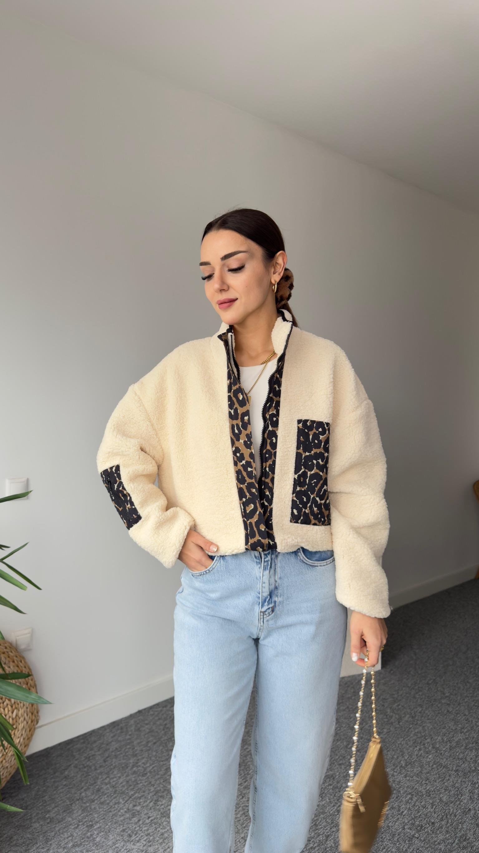 Leopar Detaylı Astarlı Teddy Ceket
