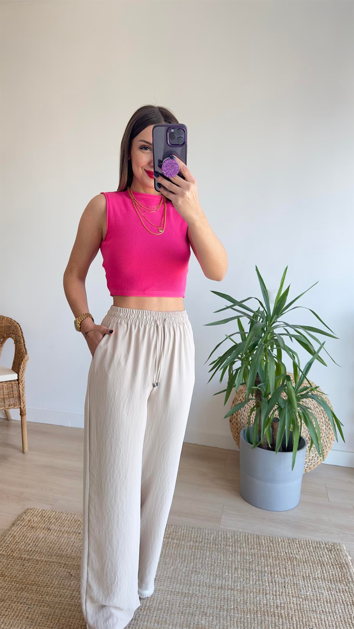Beli Lastikli Bol Paça Bej Pantolon