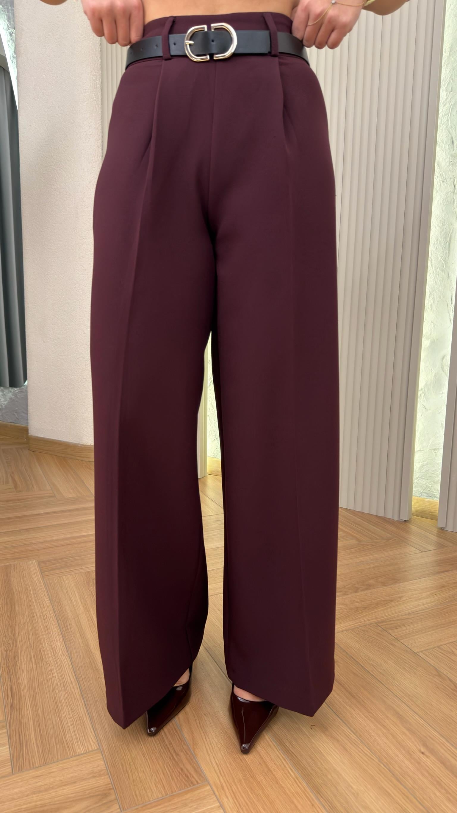 Bordo Madia Kemerli Pile Detay Pantolon