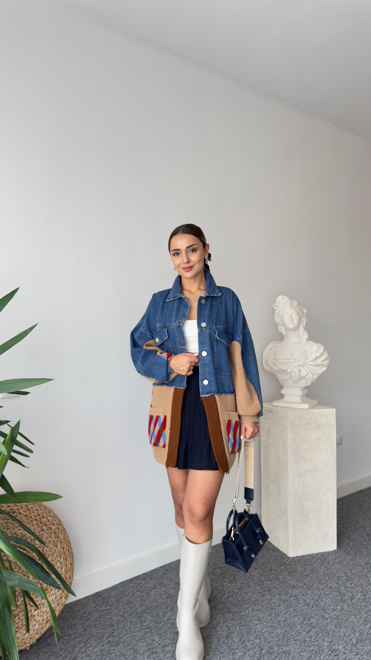 Norber Alt Kahve Trikolu Denim Hırka