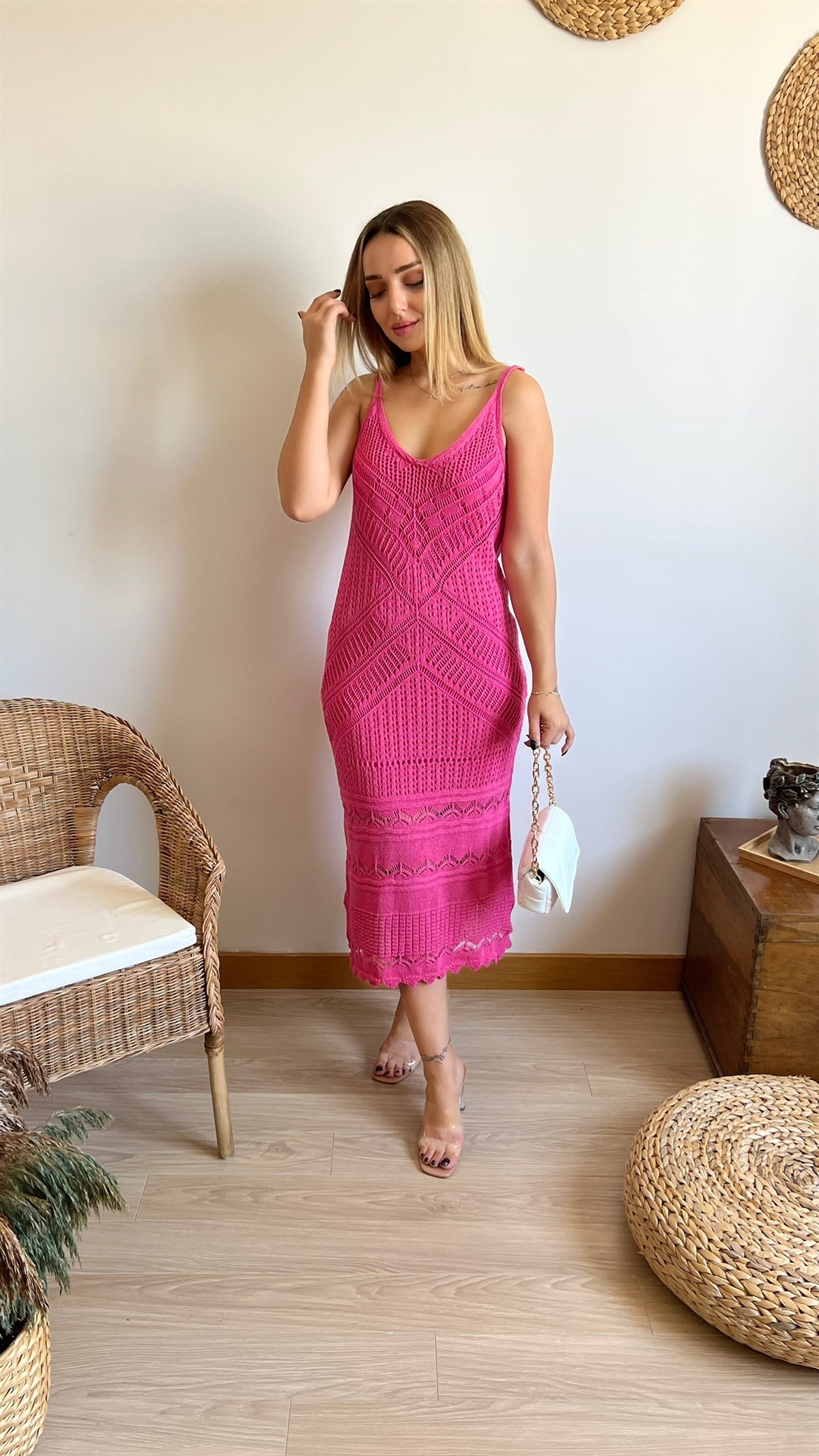 Pembe İp Askılı Örme Desen Astarlı Elbise