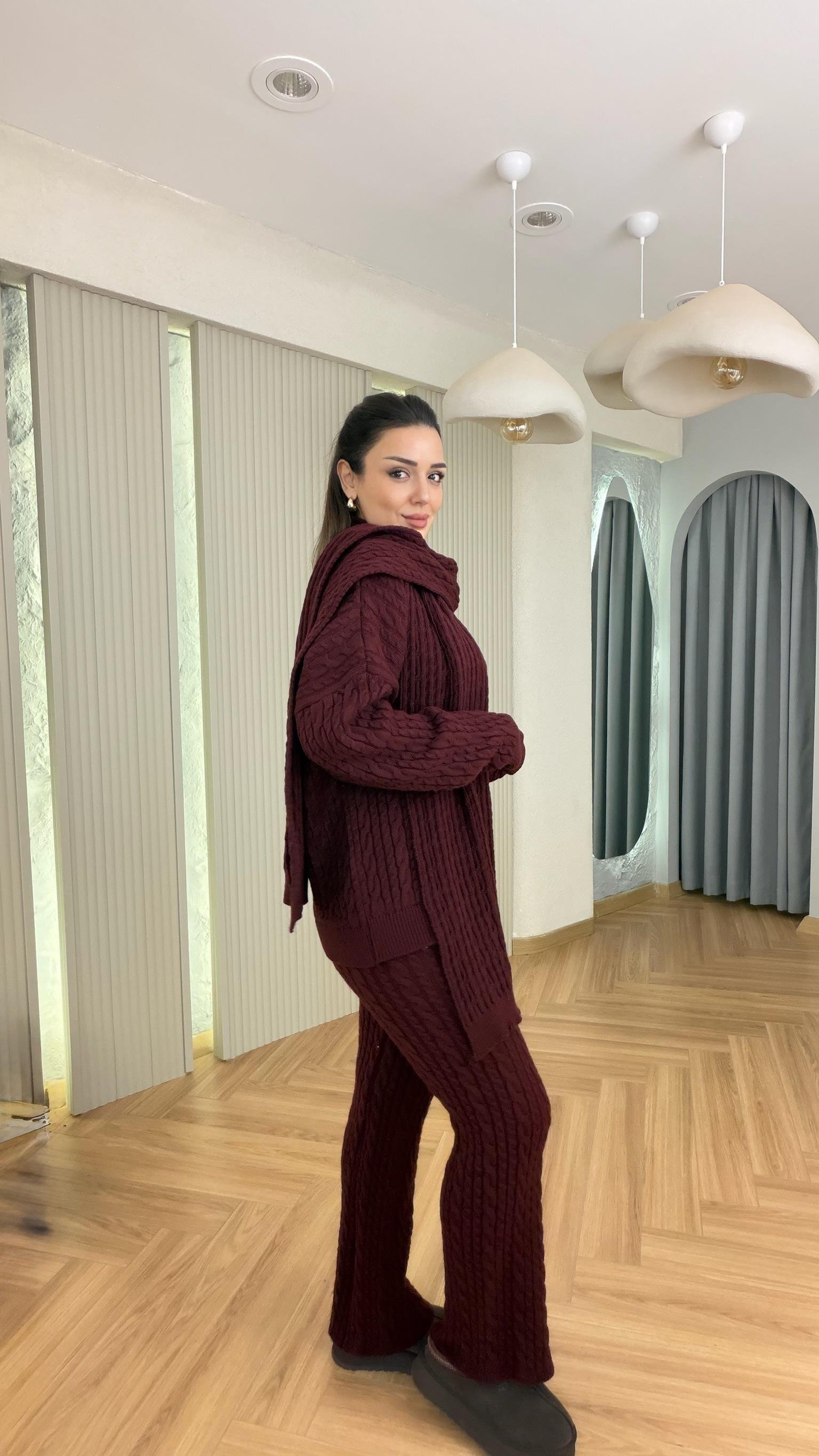 Bordo Atkılı Üçlü Triko Takım