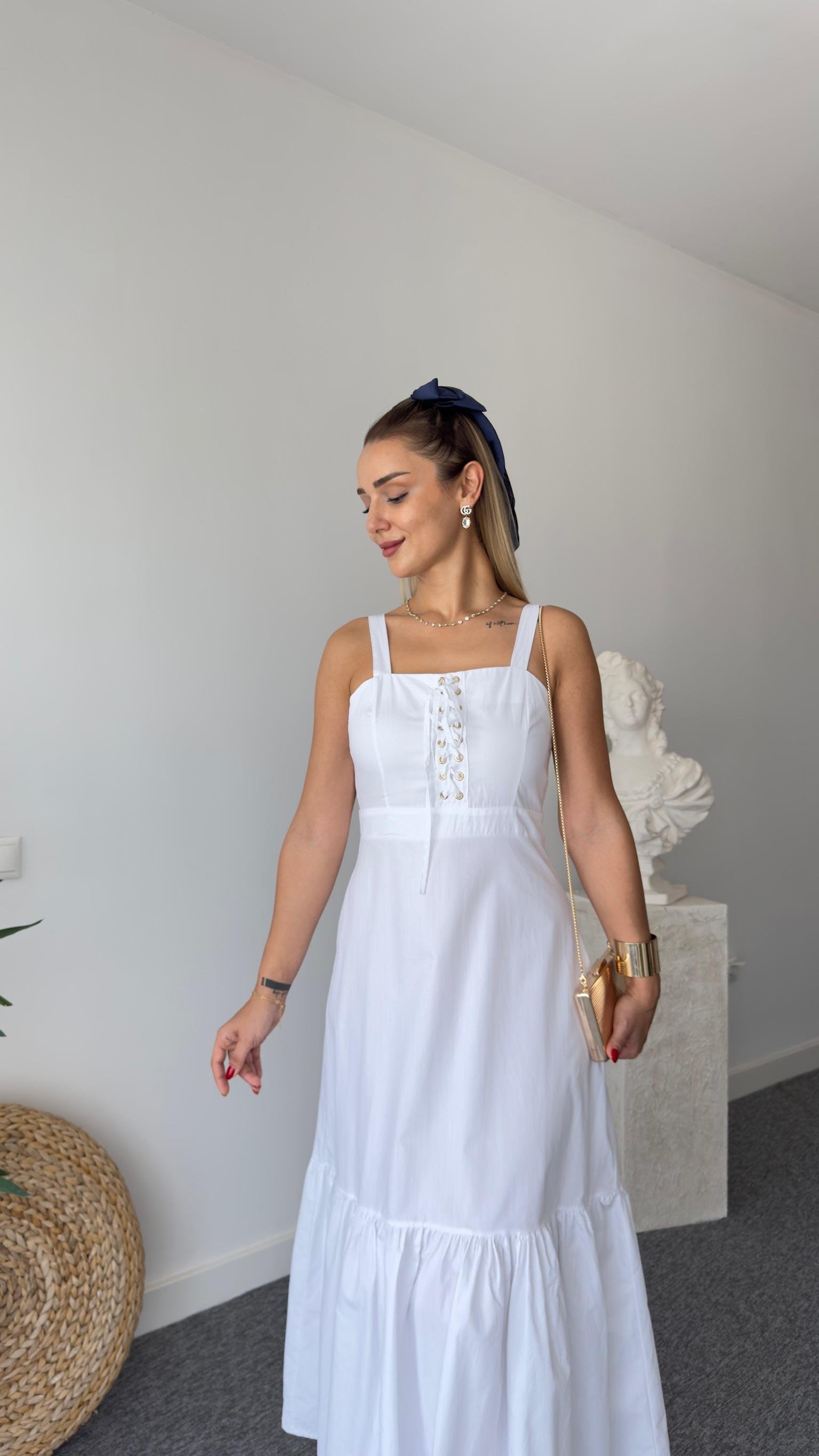 Orj Model Kuş Gözlü Beyaz Elbise 