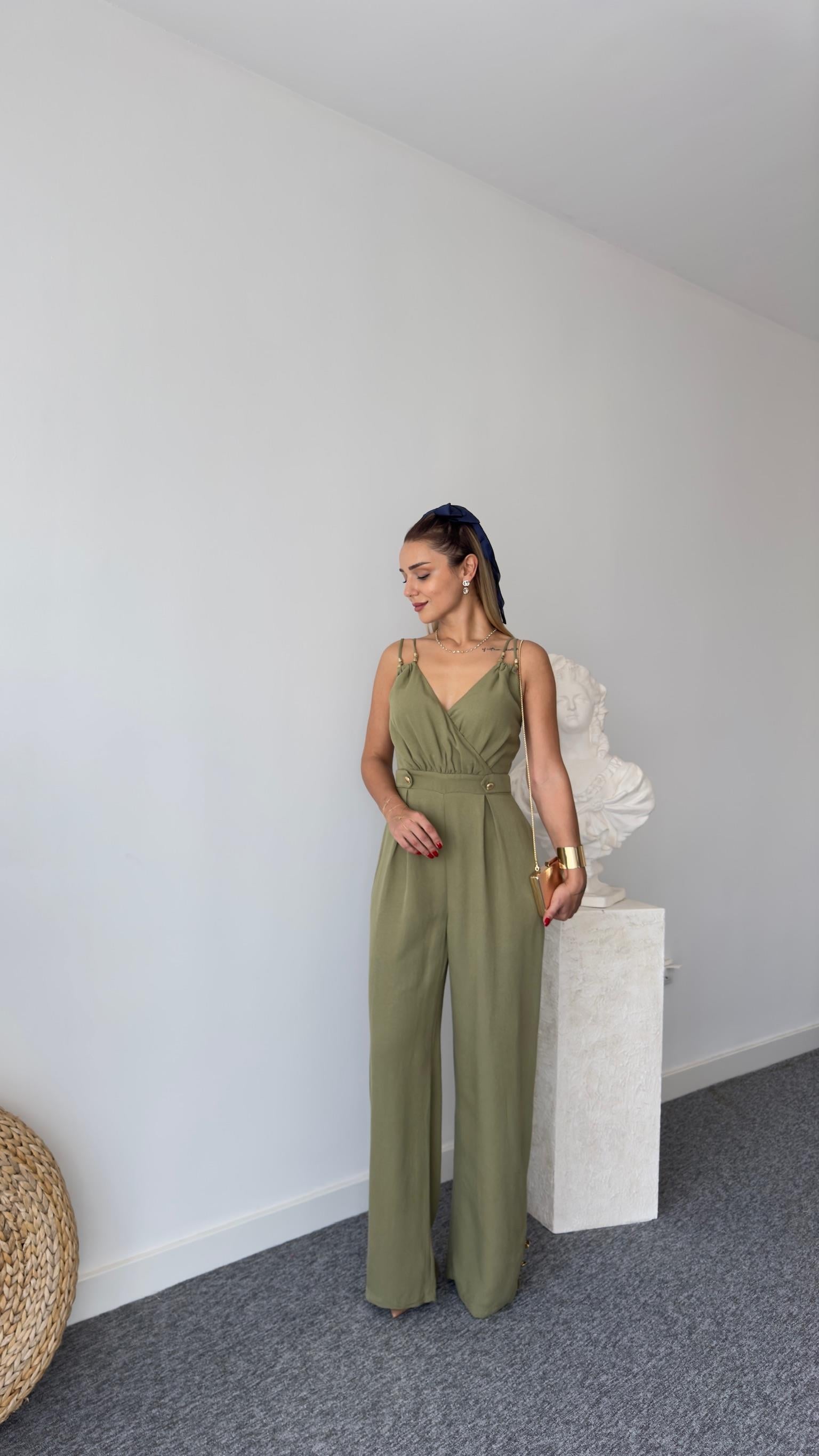 Lıu Gold Detaylı Haki Keten Tulum