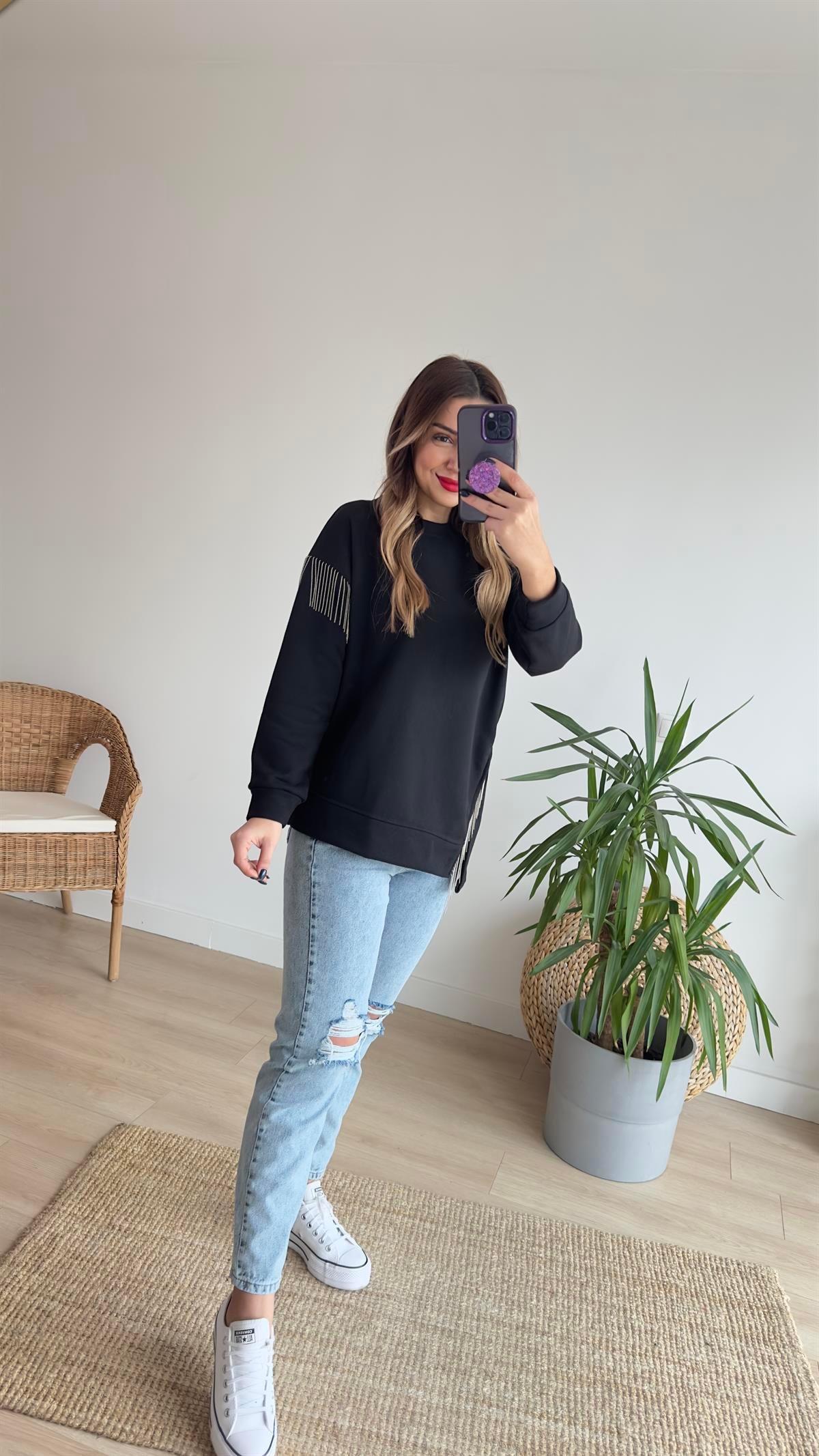 Üç İplik Zincirli Siyah Sweat