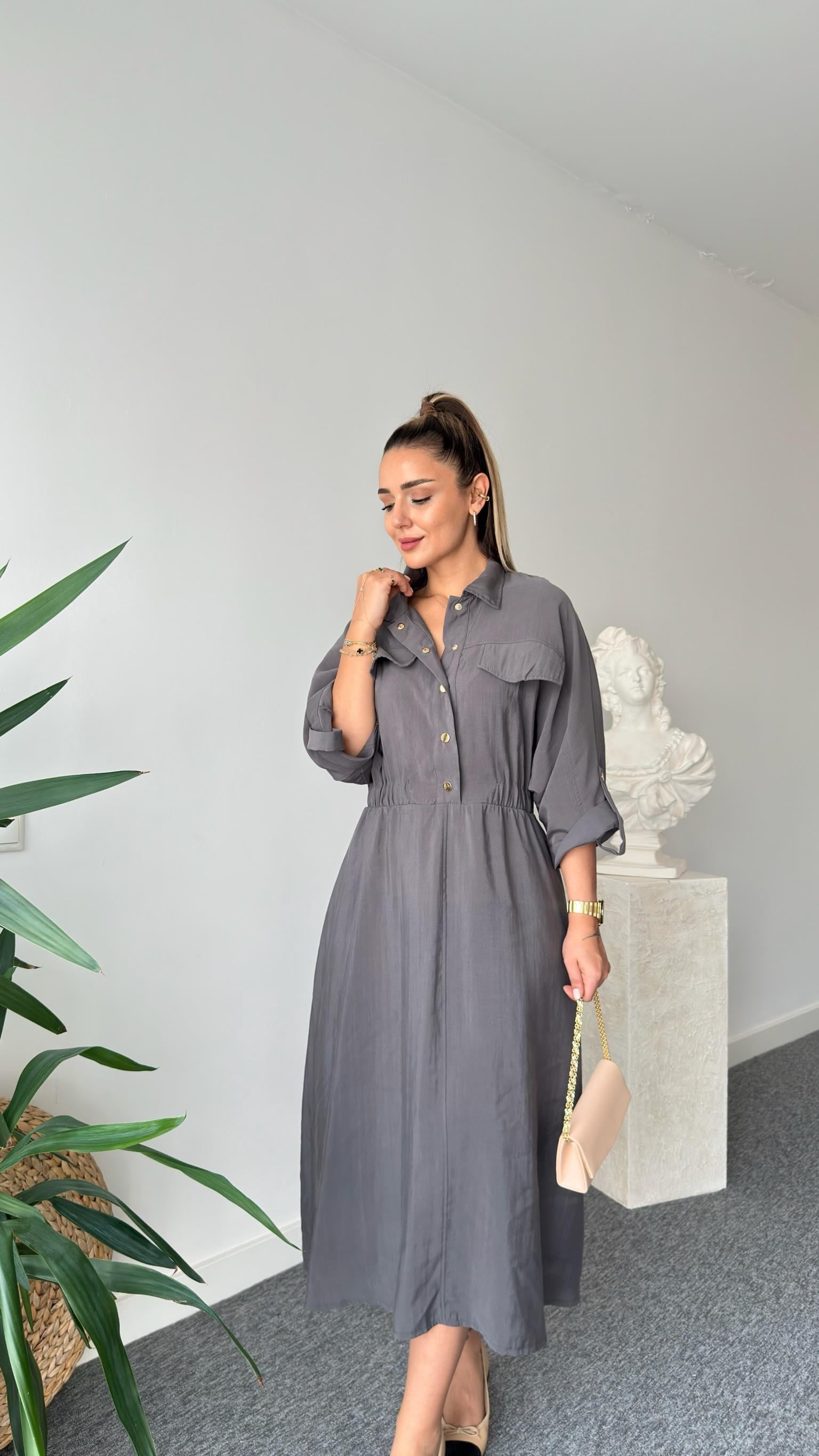 Gri Çıtçıtlı Zra Model Midi Elbise 