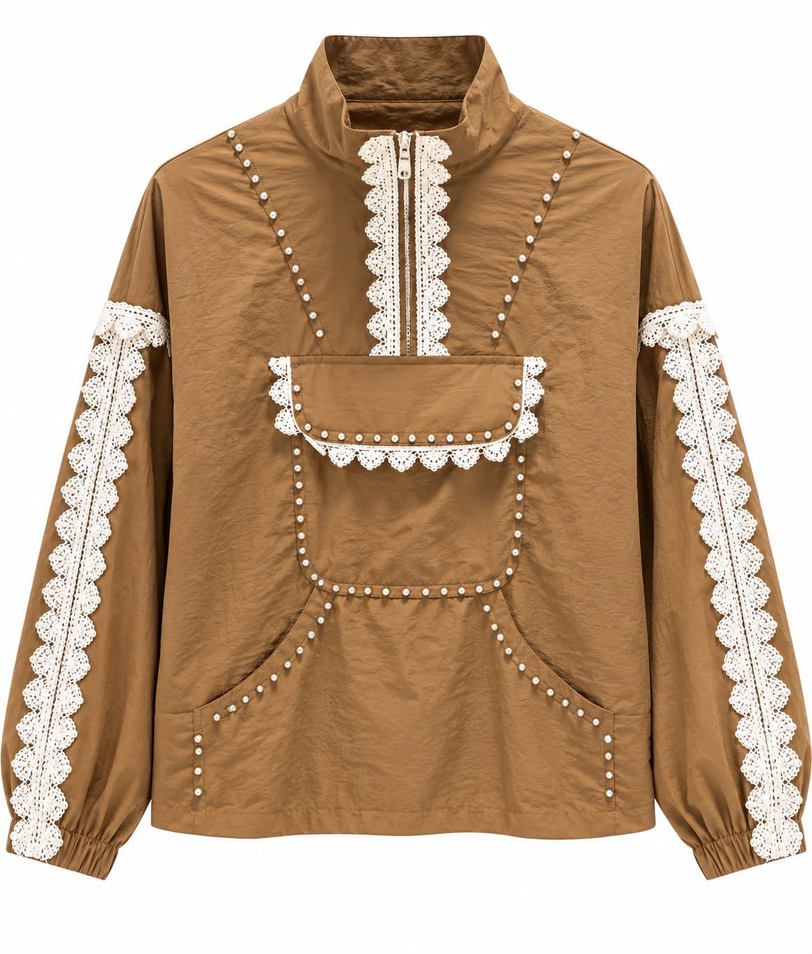 Camel Dantel Detaylı Astarlı Tasarım Sweatshirt