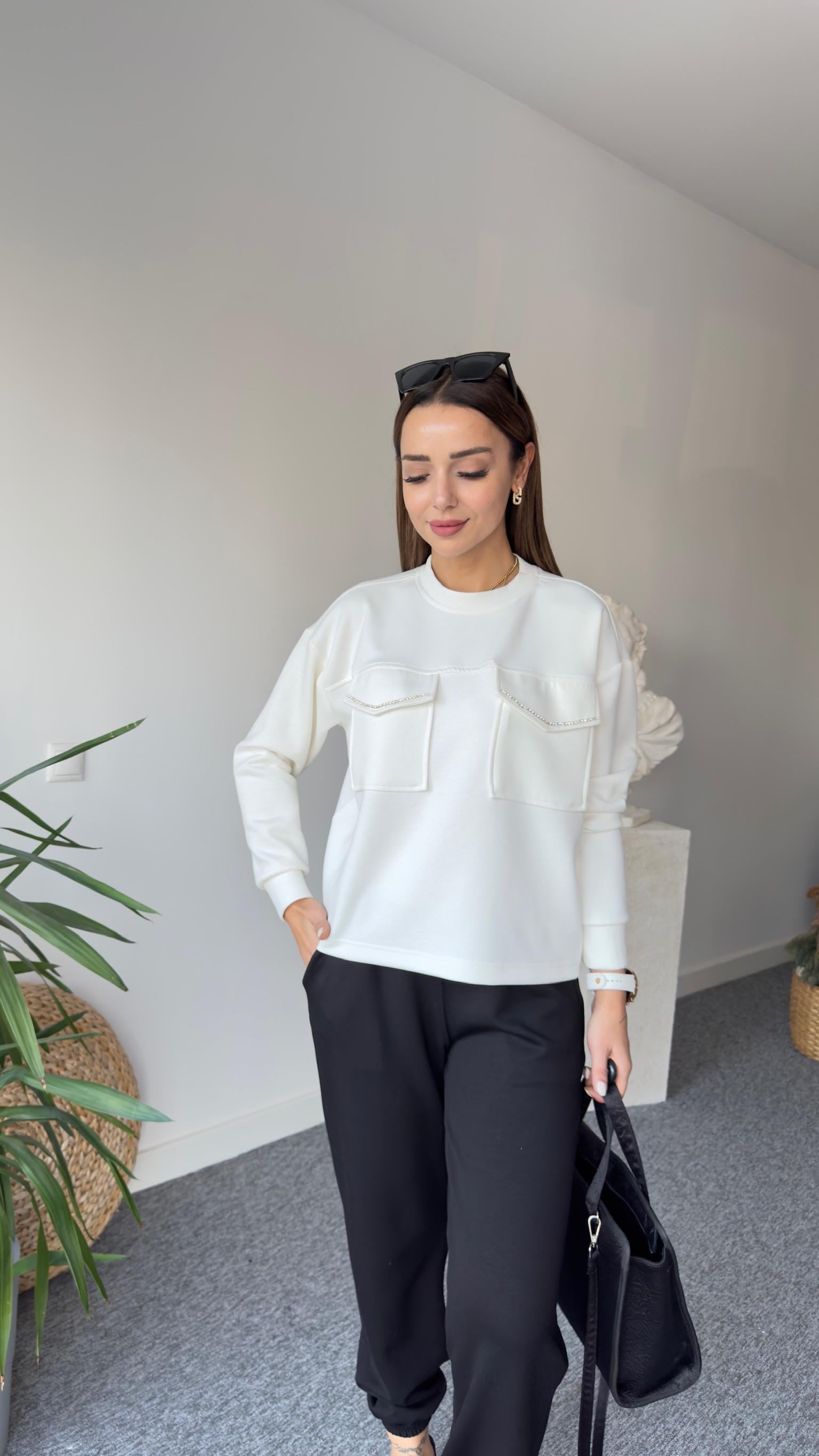Orj Model Cepleri Taş Şeritli Modal Beyaz Sweat