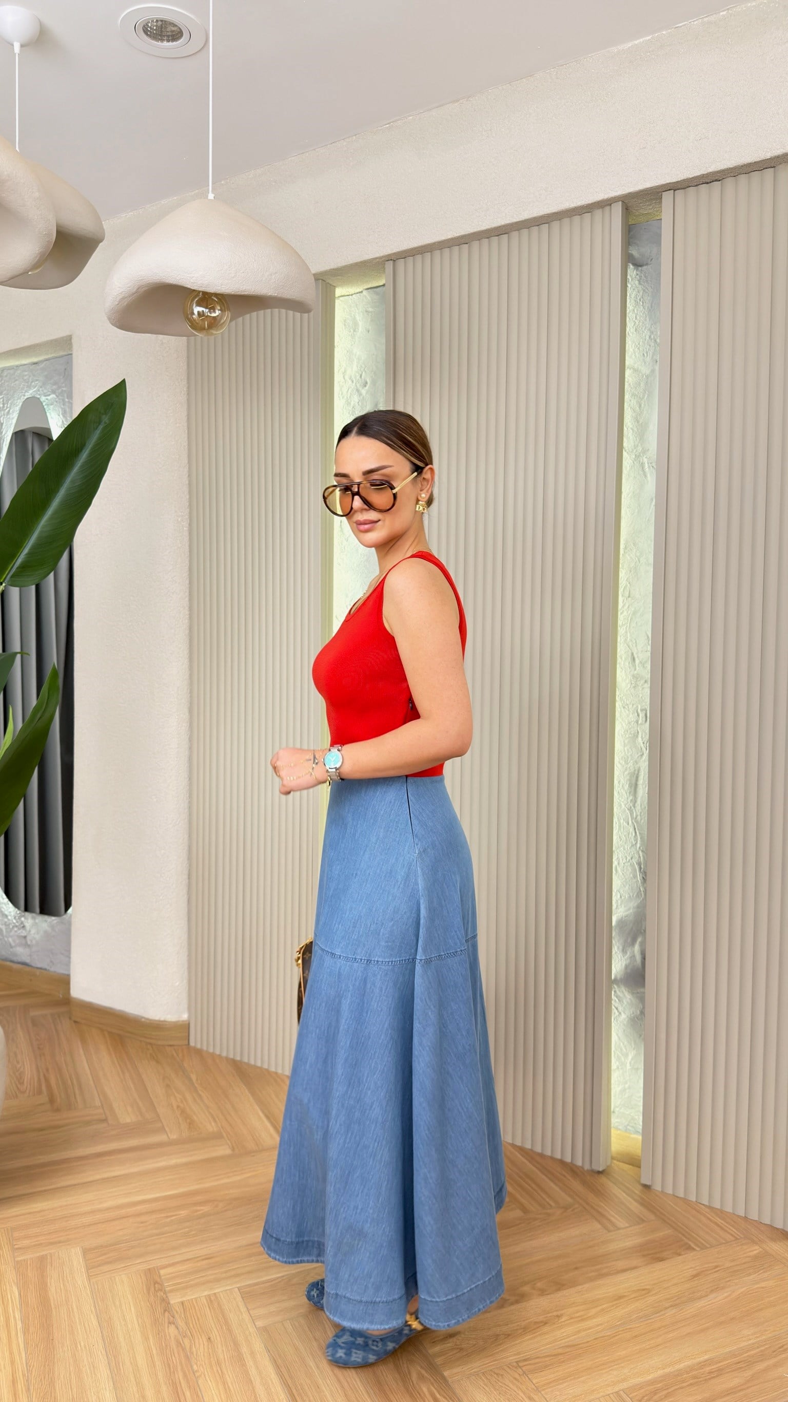 Kırmızı Triko Denim Mix Tensel Elbise 
