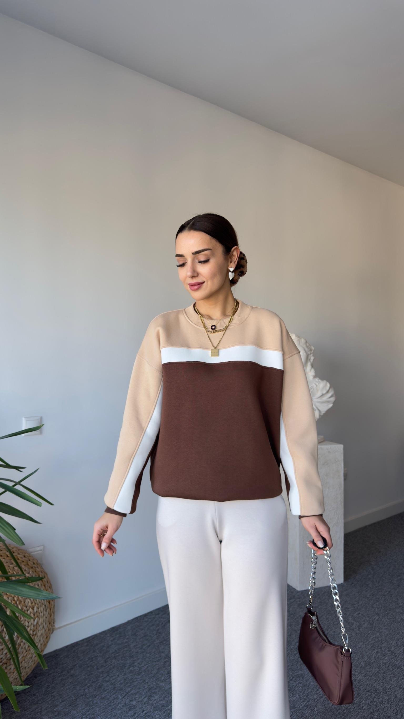 Beyaz Şeritli Çift Renk Sweat Kahve