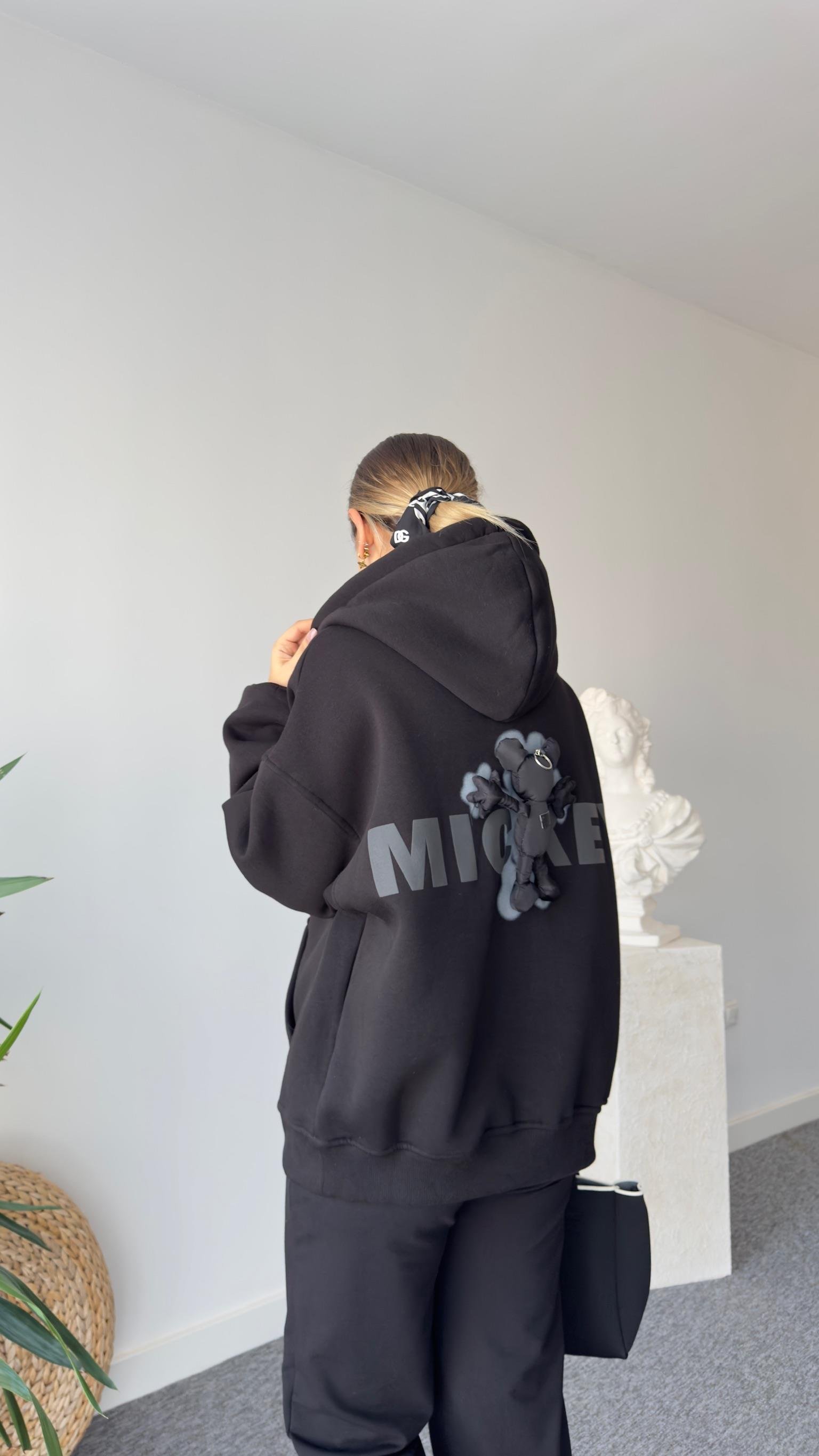 Sırtı Mickey Aksesuarlı Siyah Kapüşonlu Sweatshirt