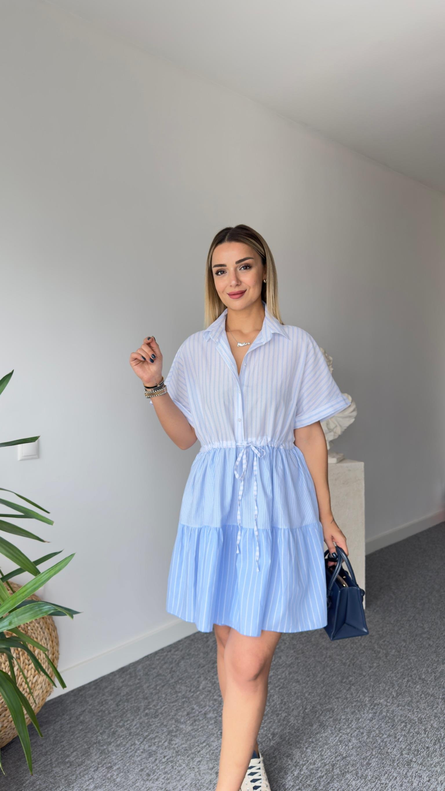 Glio Bel Büzgülü Çizgili Poplin Elbise 