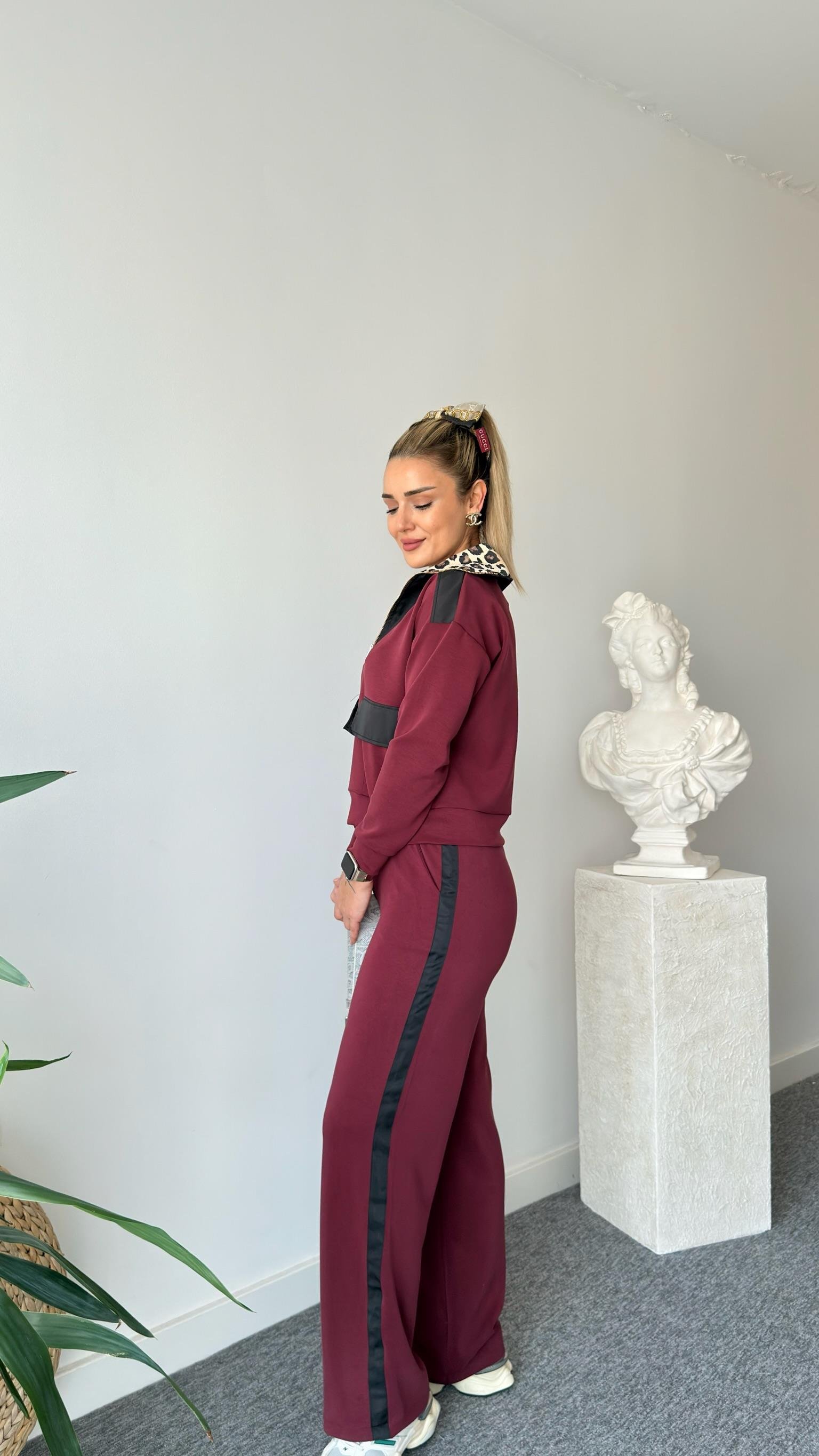 Bordo Premium Leopar Detaylı Modal Takım