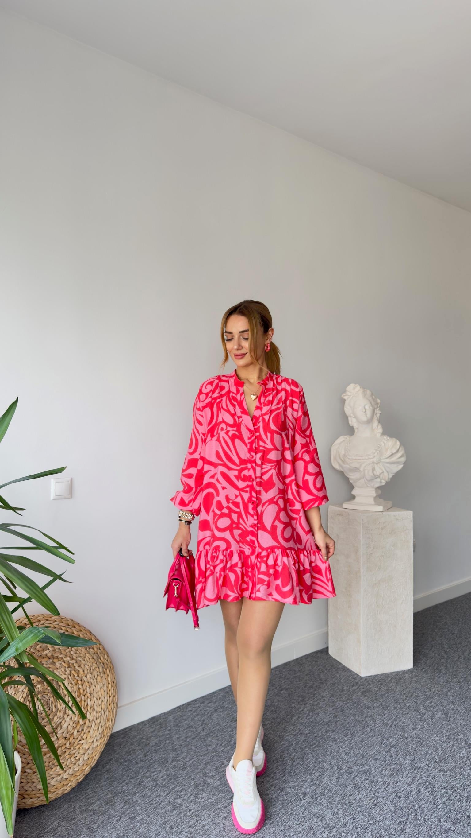 Ayyu Orj Marka Pembe Desenli Elbise 