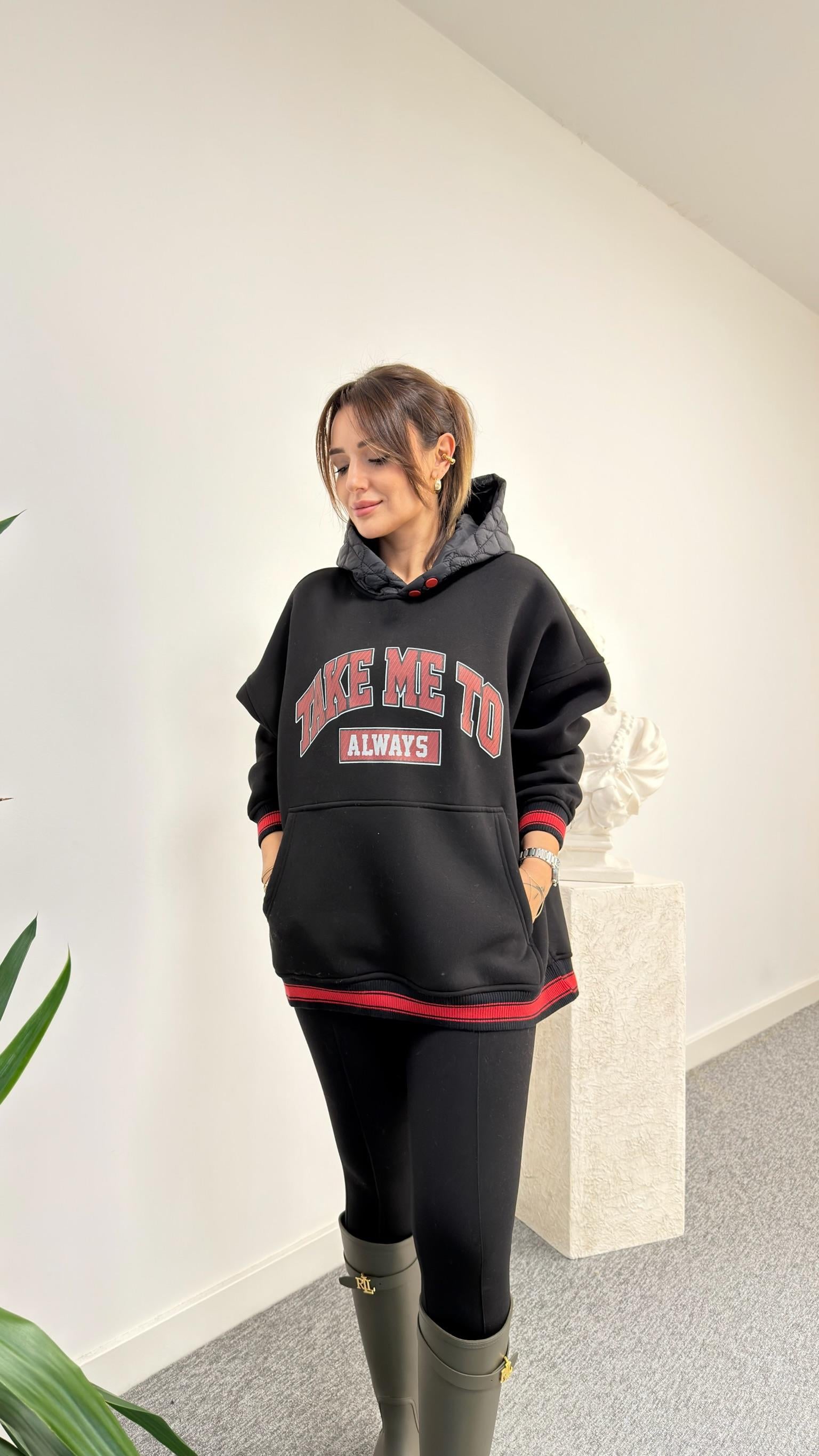 Eddy Yazılı Kapitone Kapüşonlu Siyah Sweatshirt