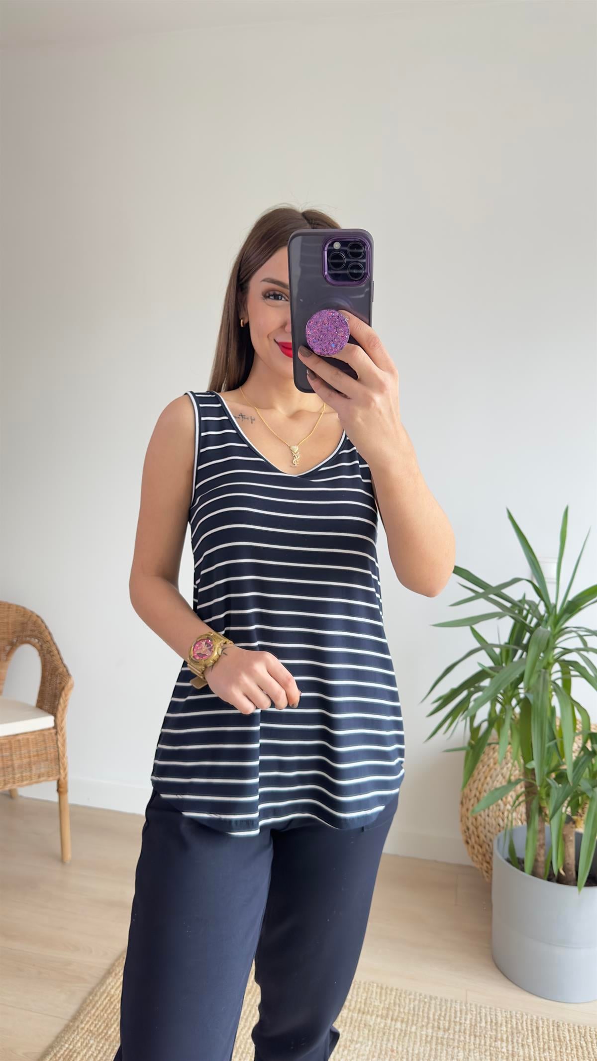 Havuz Yaka Çizgili Viskon Bluz