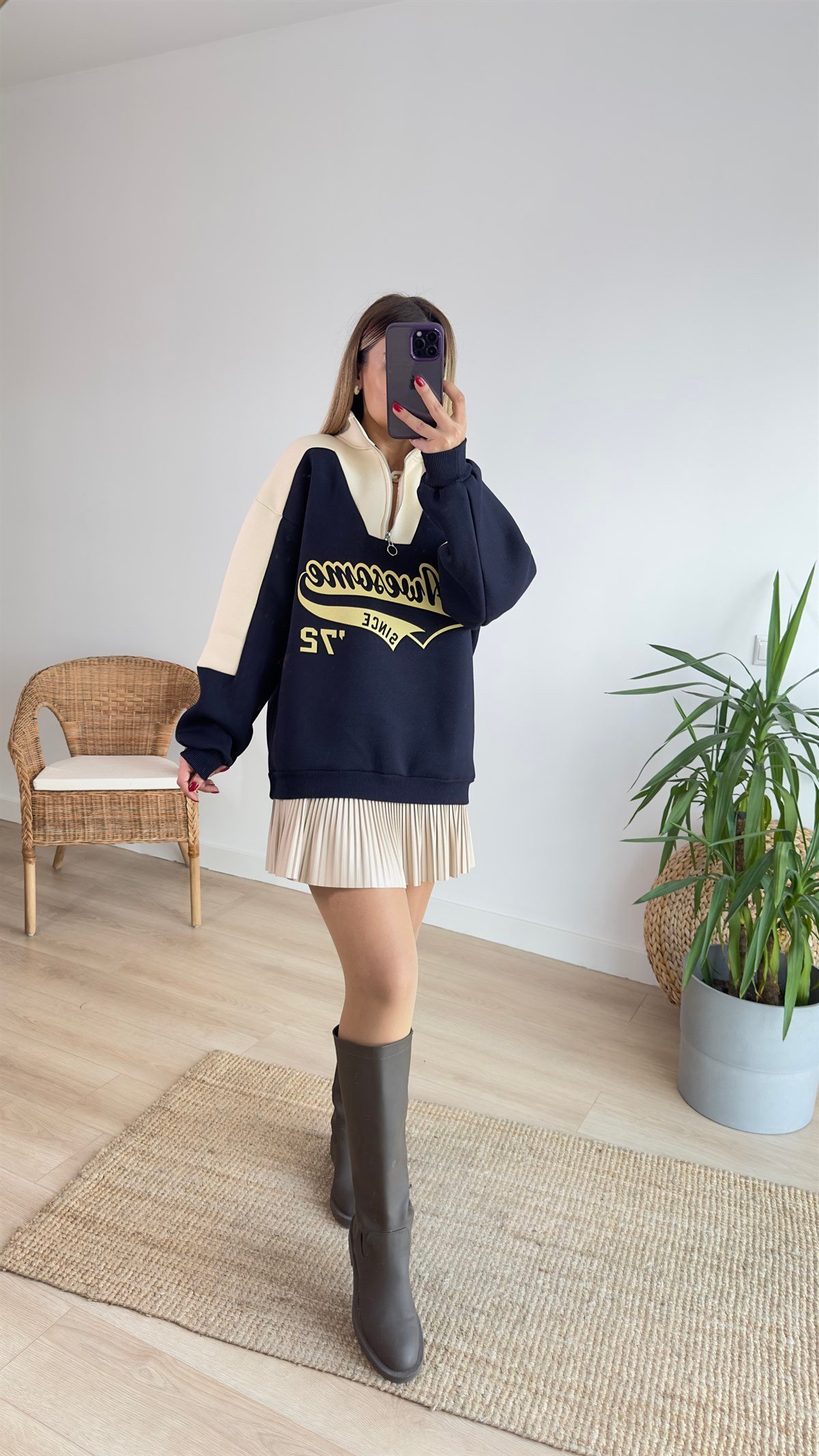 Lacivert Bej Baskılı Sweatshirt