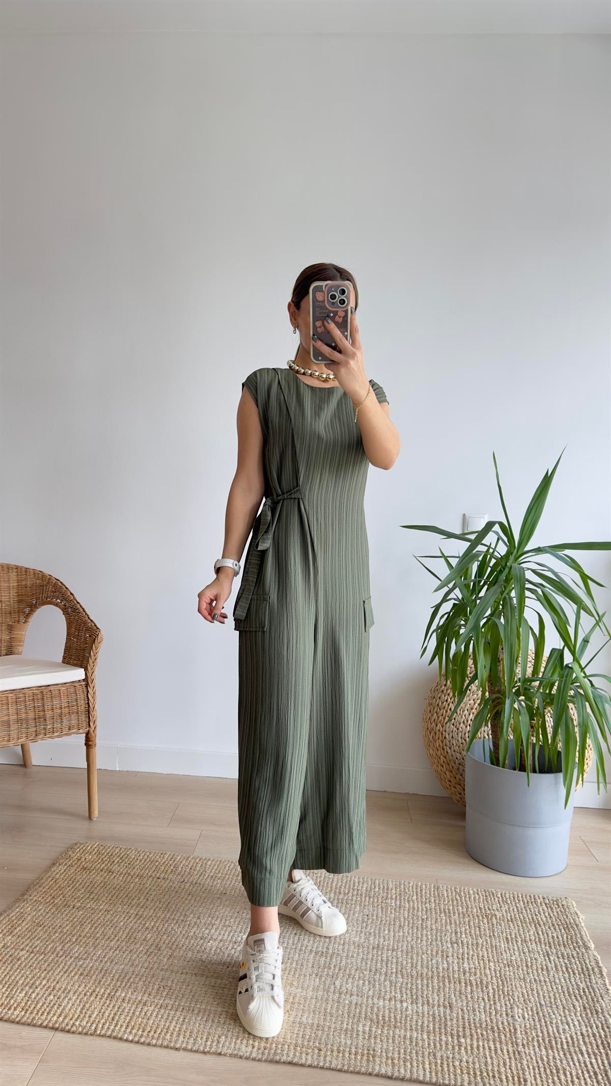 Verte Kuşak Detaylı Haki Tulum