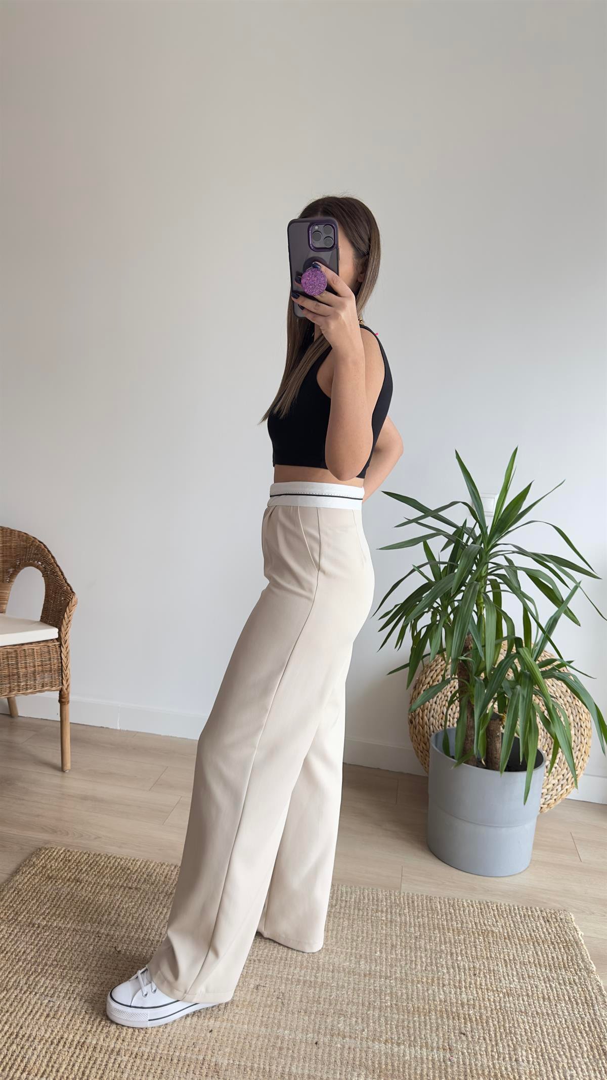 Bel Detaylı Bej Palazzo Pantolon