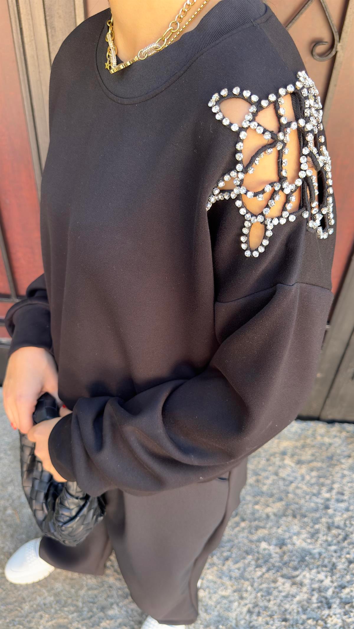 Omuz Detay Orj Model Siyah Sweat