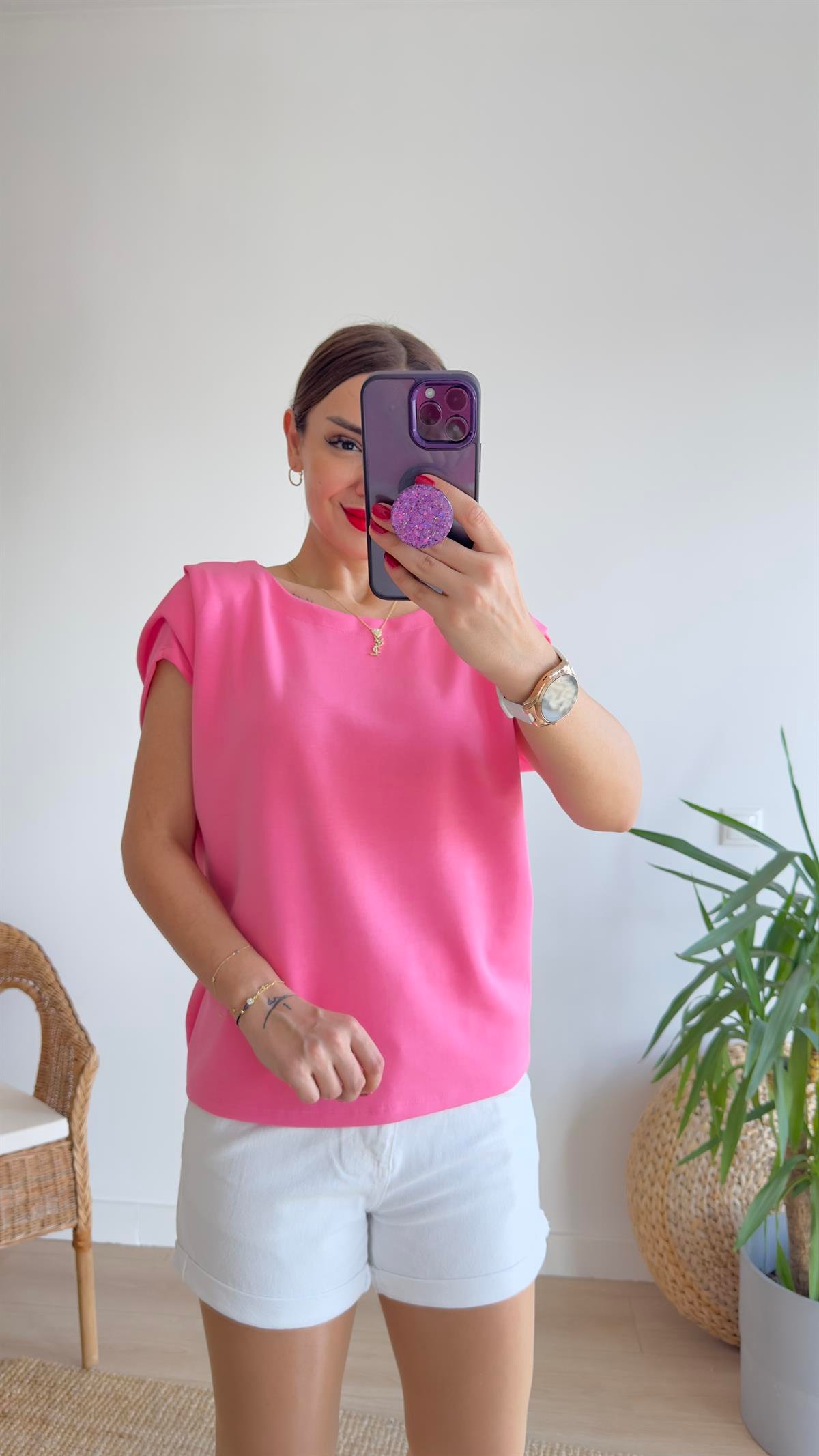 Pembe Kol Detaylı Tok Doku Modal Basic