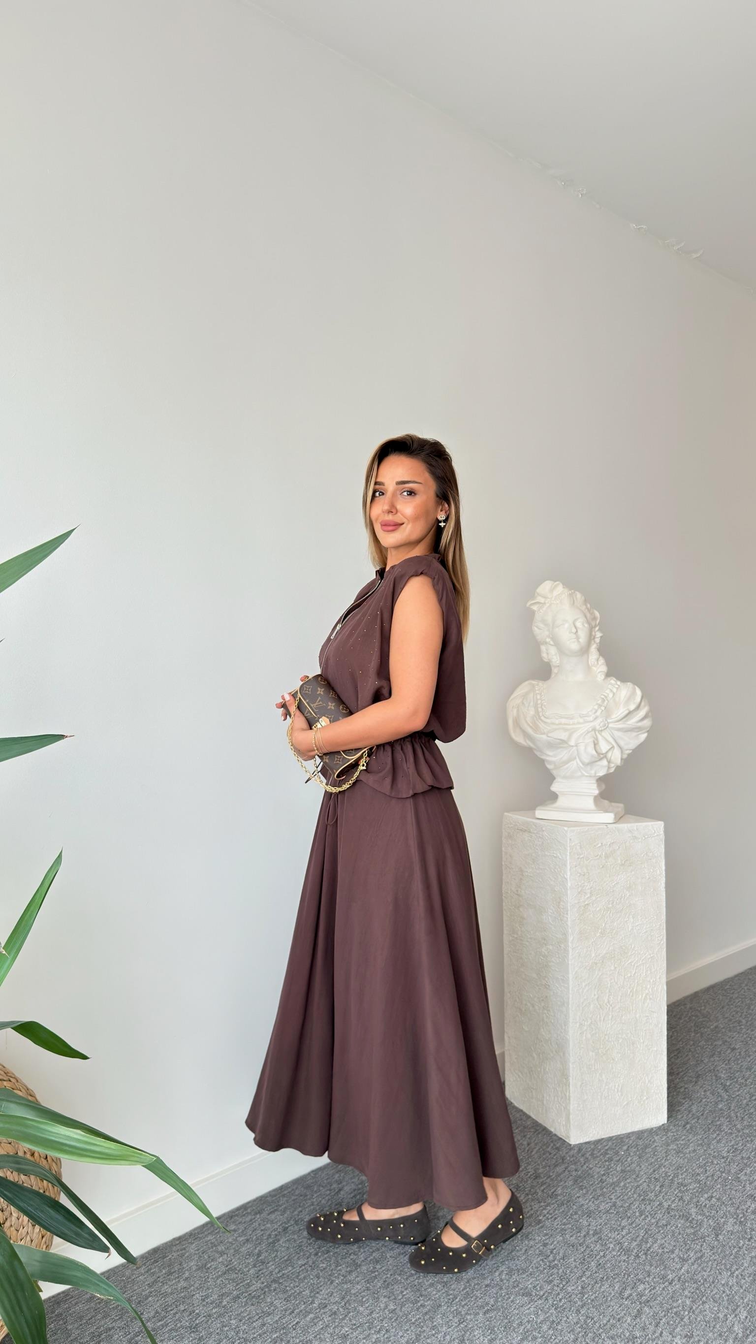 Kahve Quen Taş Detaylı Tensel Etekli Takım