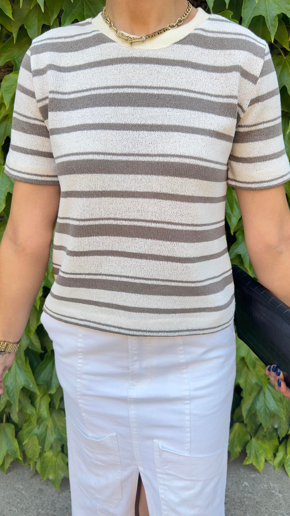 Orj Marka Gri Çizgili Örme Bluz